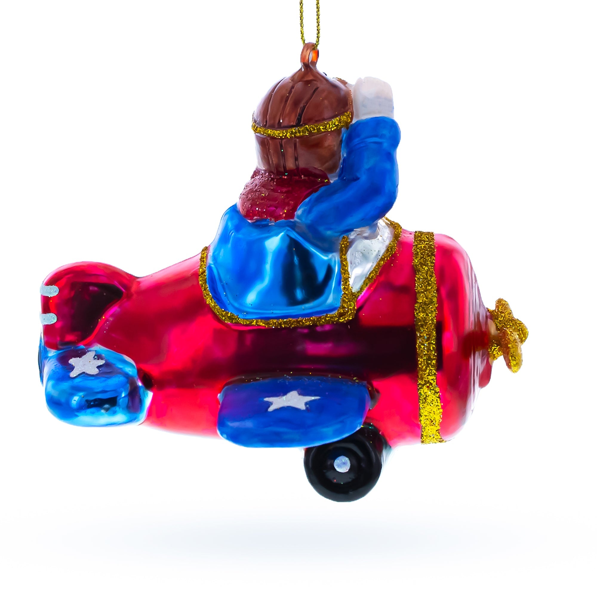 Adventurous Pilot Santa In Airplane - Blown Glass Christmas Ornament