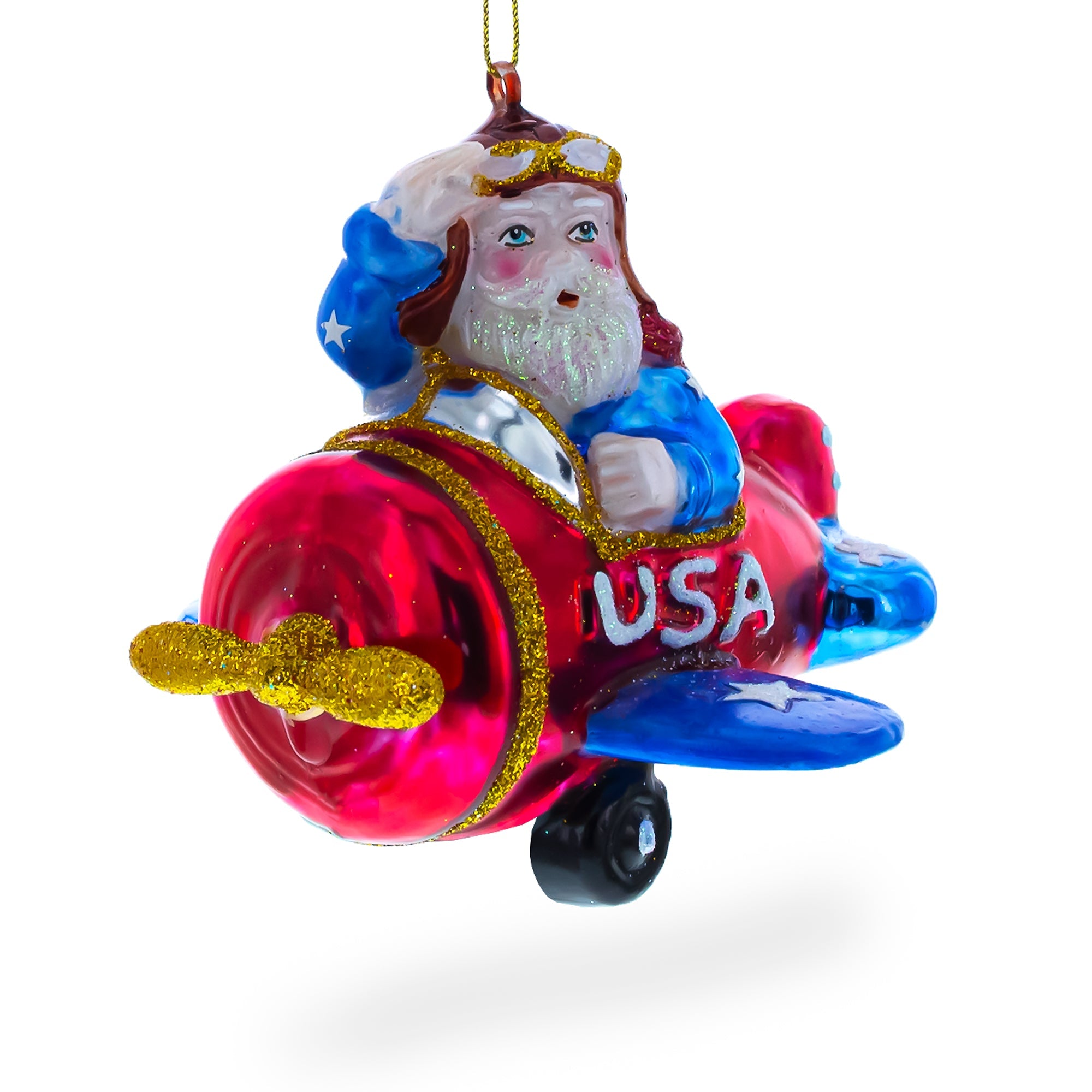 Adventurous Pilot Santa In Airplane - Blown Glass Christmas Ornament