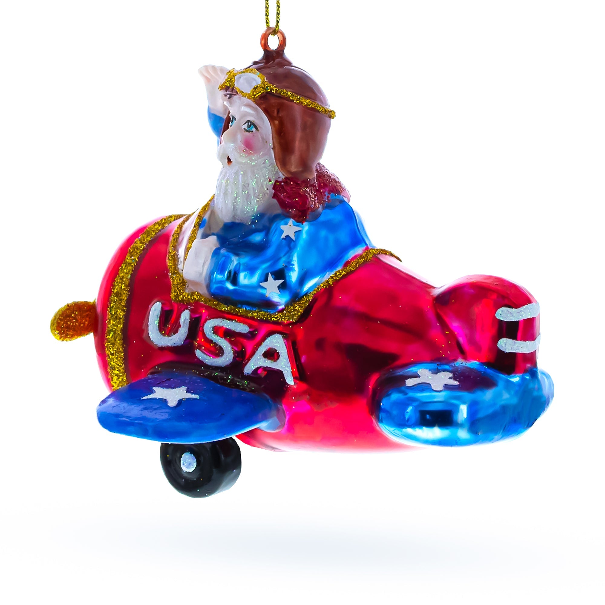 Adventurous Pilot Santa In Airplane - Blown Glass Christmas Ornament