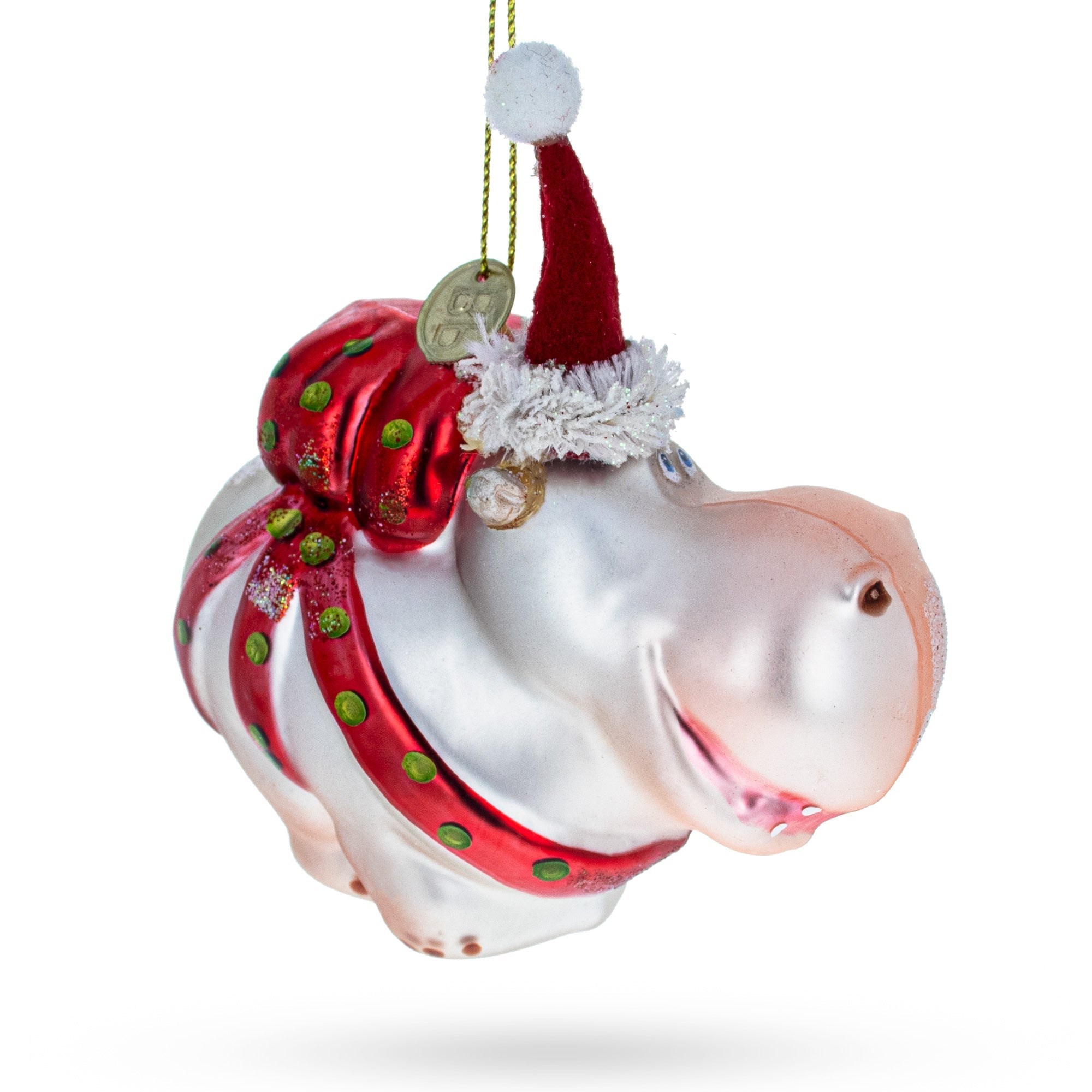 Playful Hippo In Santa Hat - Blown Glass Christmas Ornament