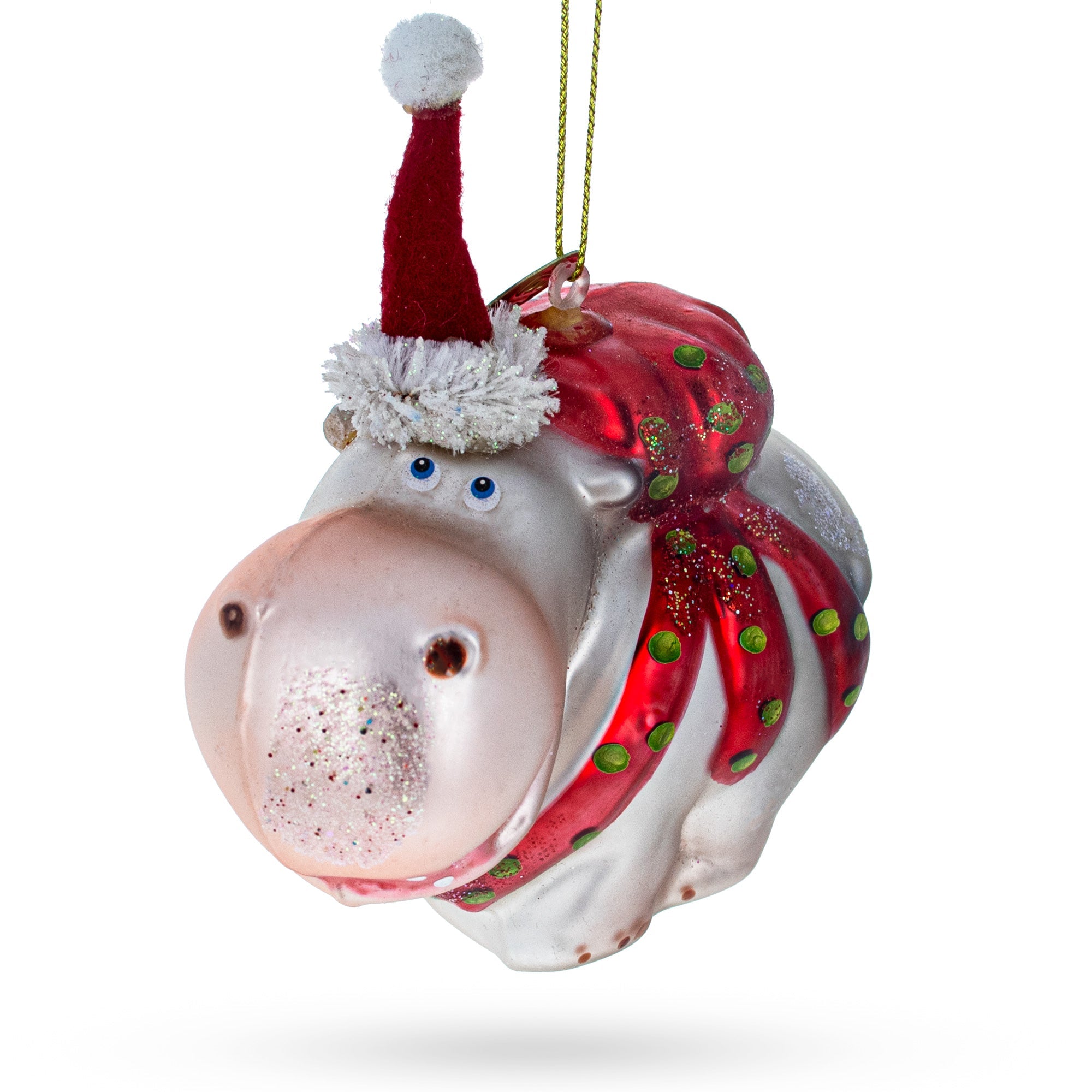 Playful Hippo In Santa Hat - Blown Glass Christmas Ornament