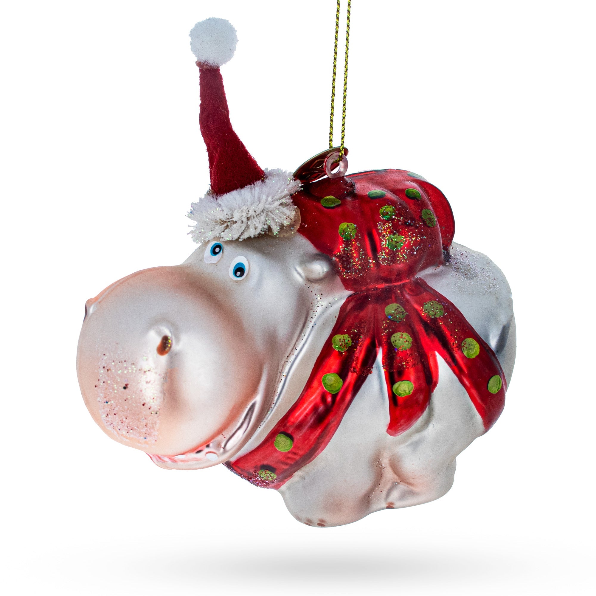 Playful Hippo In Santa Hat - Blown Glass Christmas Ornament