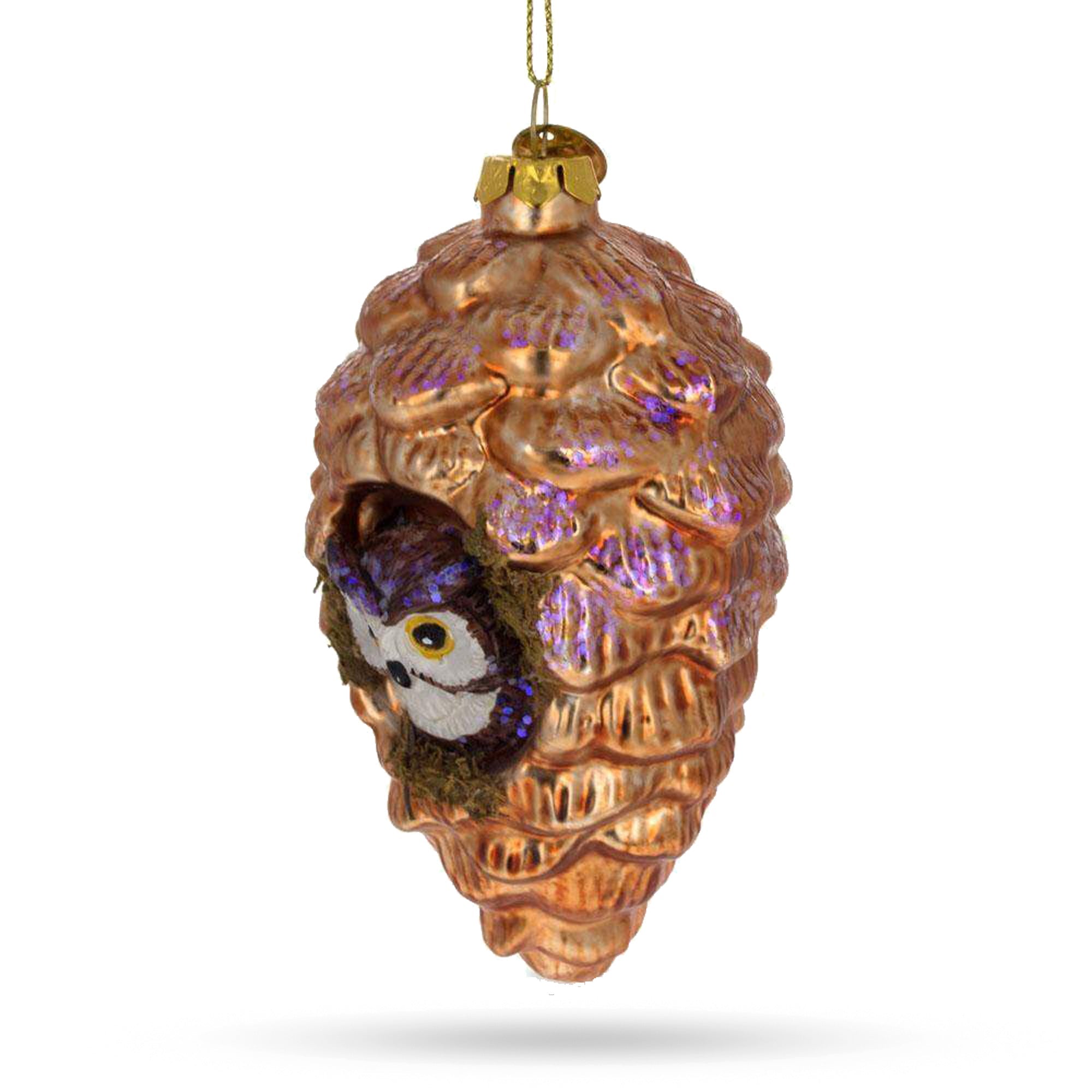 Sage Wise Owl Nestled In Pine Cone - Blown Glass Christmas Ornament