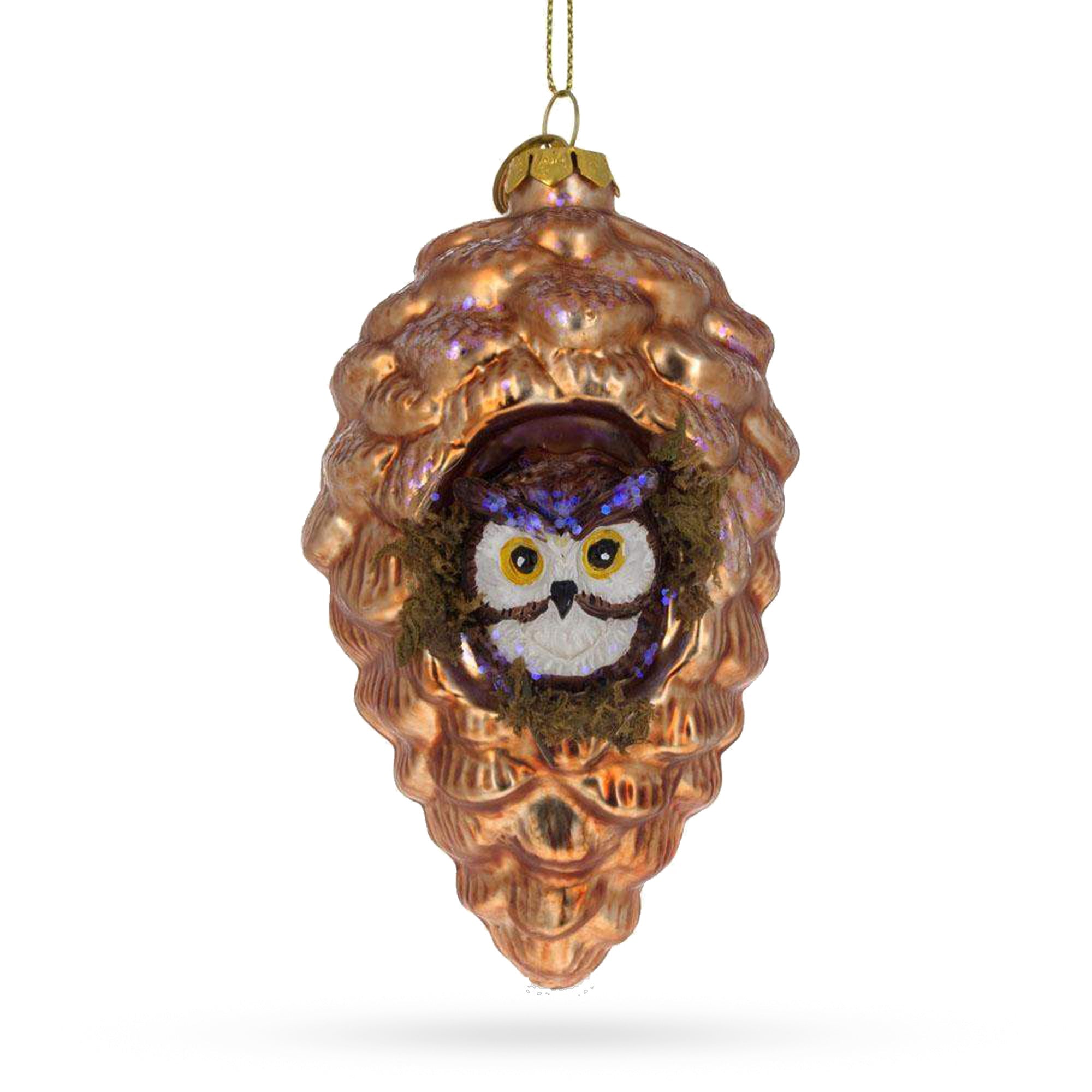 Sage Wise Owl Nestled In Pine Cone - Blown Glass Christmas Ornament