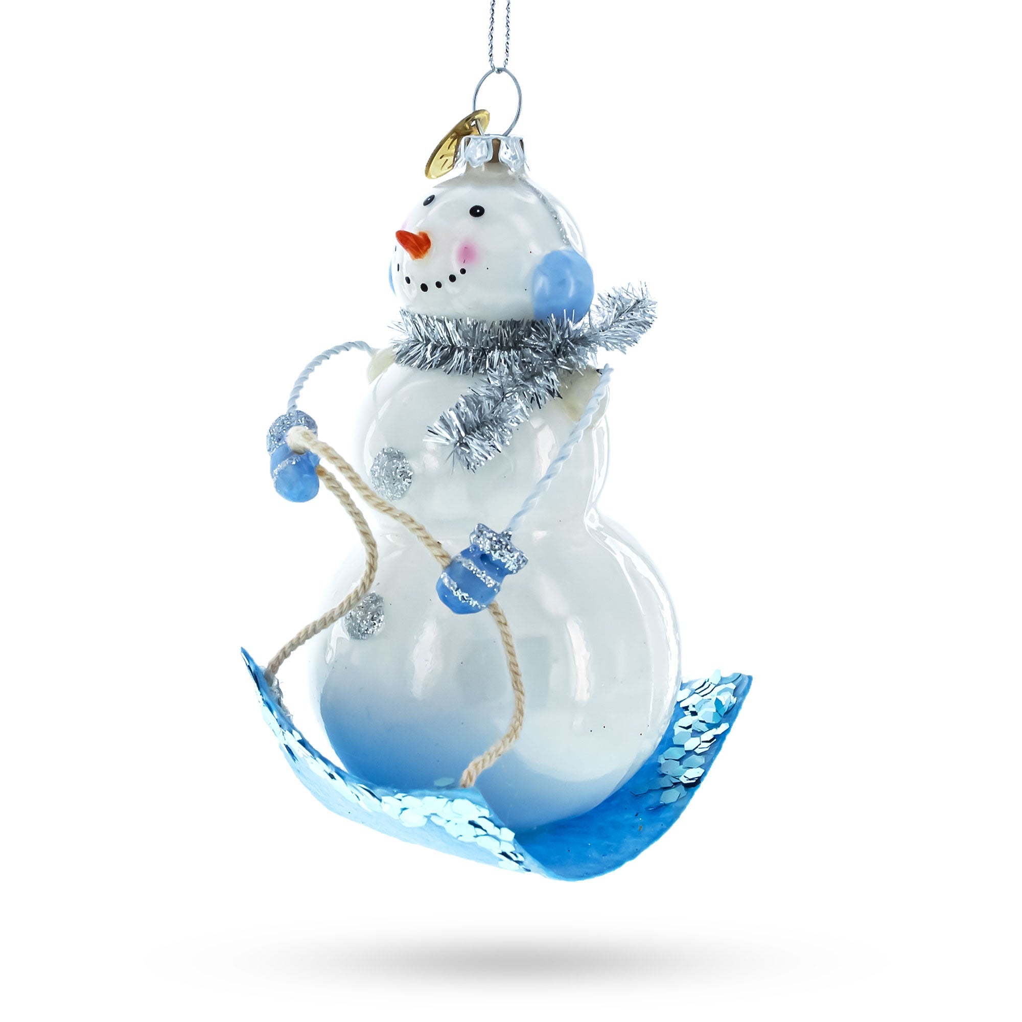 Jovial Snowman Riding A Sled - Blown Glass Christmas Ornament