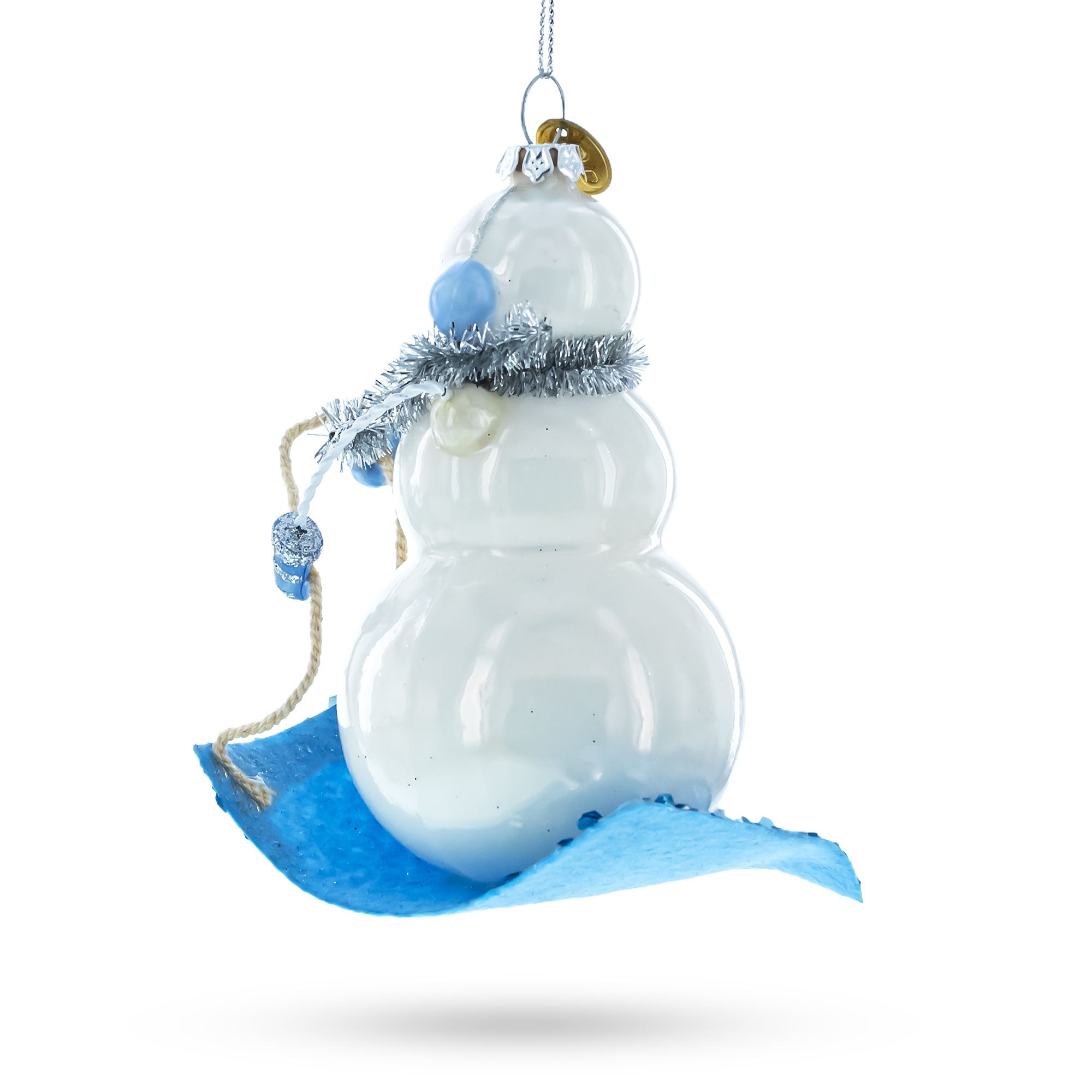 Jovial Snowman Riding A Sled - Blown Glass Christmas Ornament