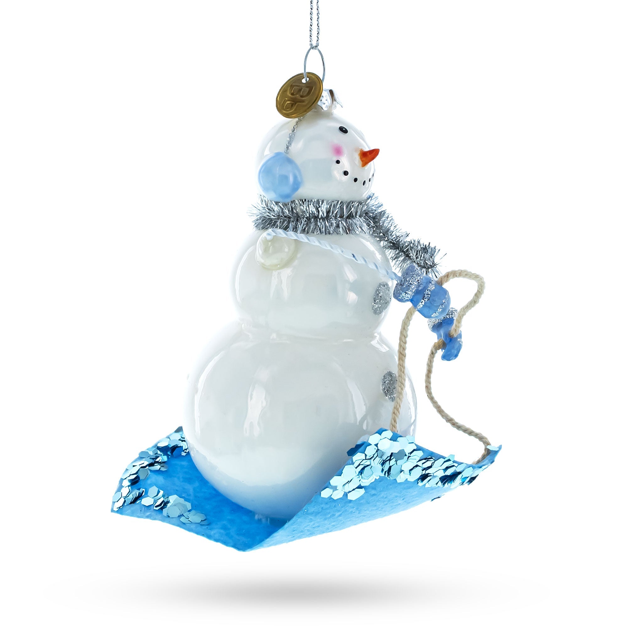 Jovial Snowman Riding A Sled - Blown Glass Christmas Ornament