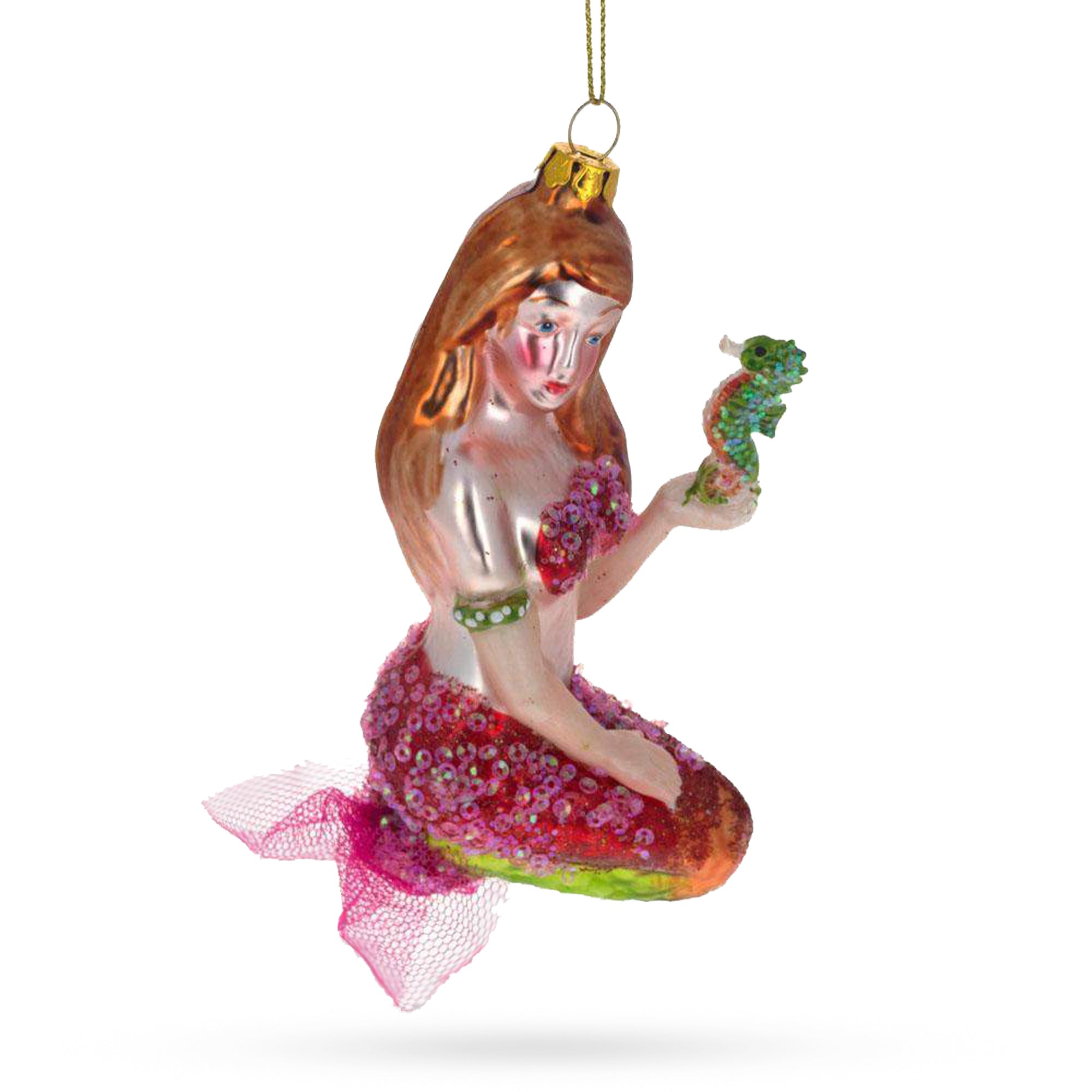 Enchanting Mermaid Holding A Seahorse - Blown Glass Christmas Ornament