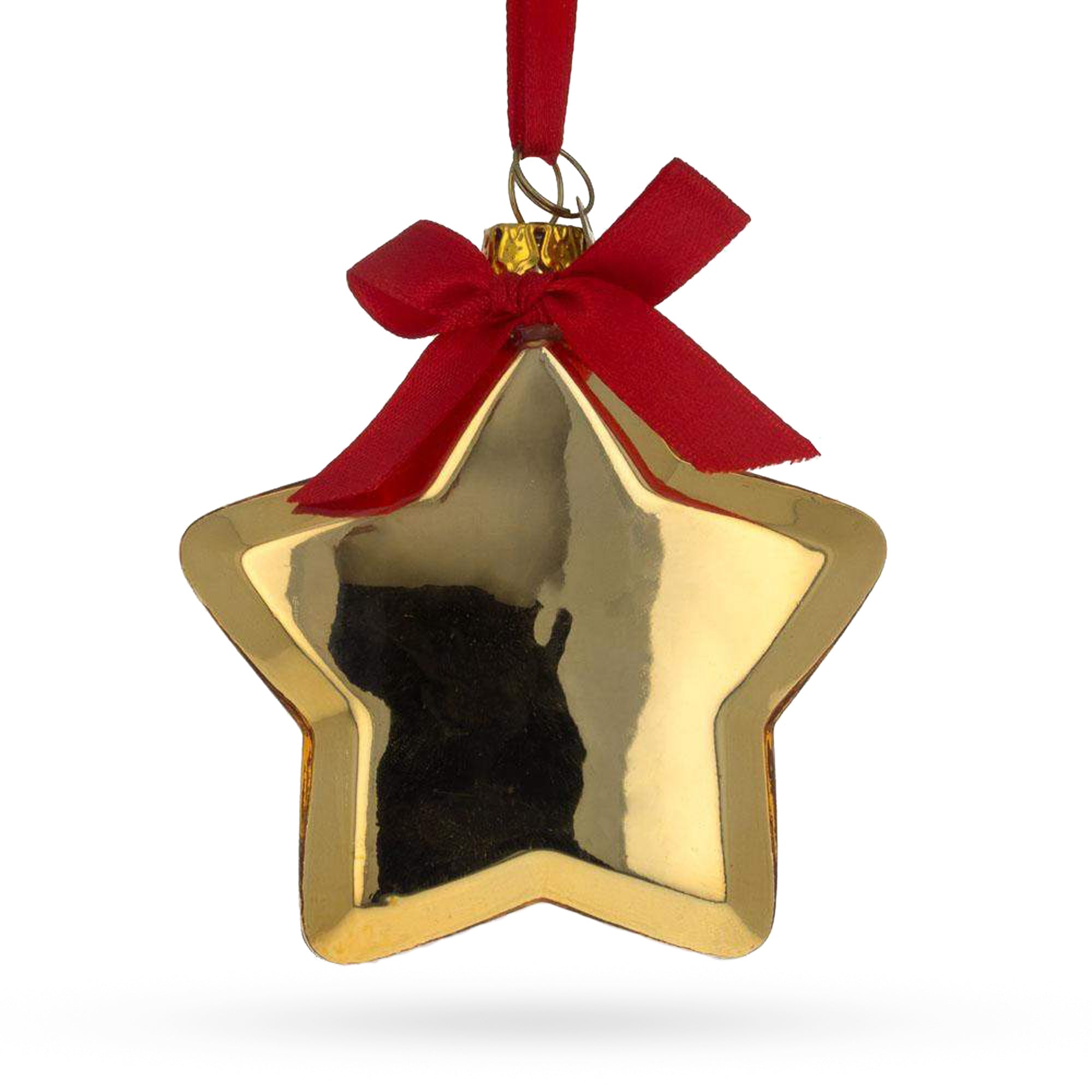 Radiant Golden Star Adorned With Red Bow - Blown Glass Christmas Ornament