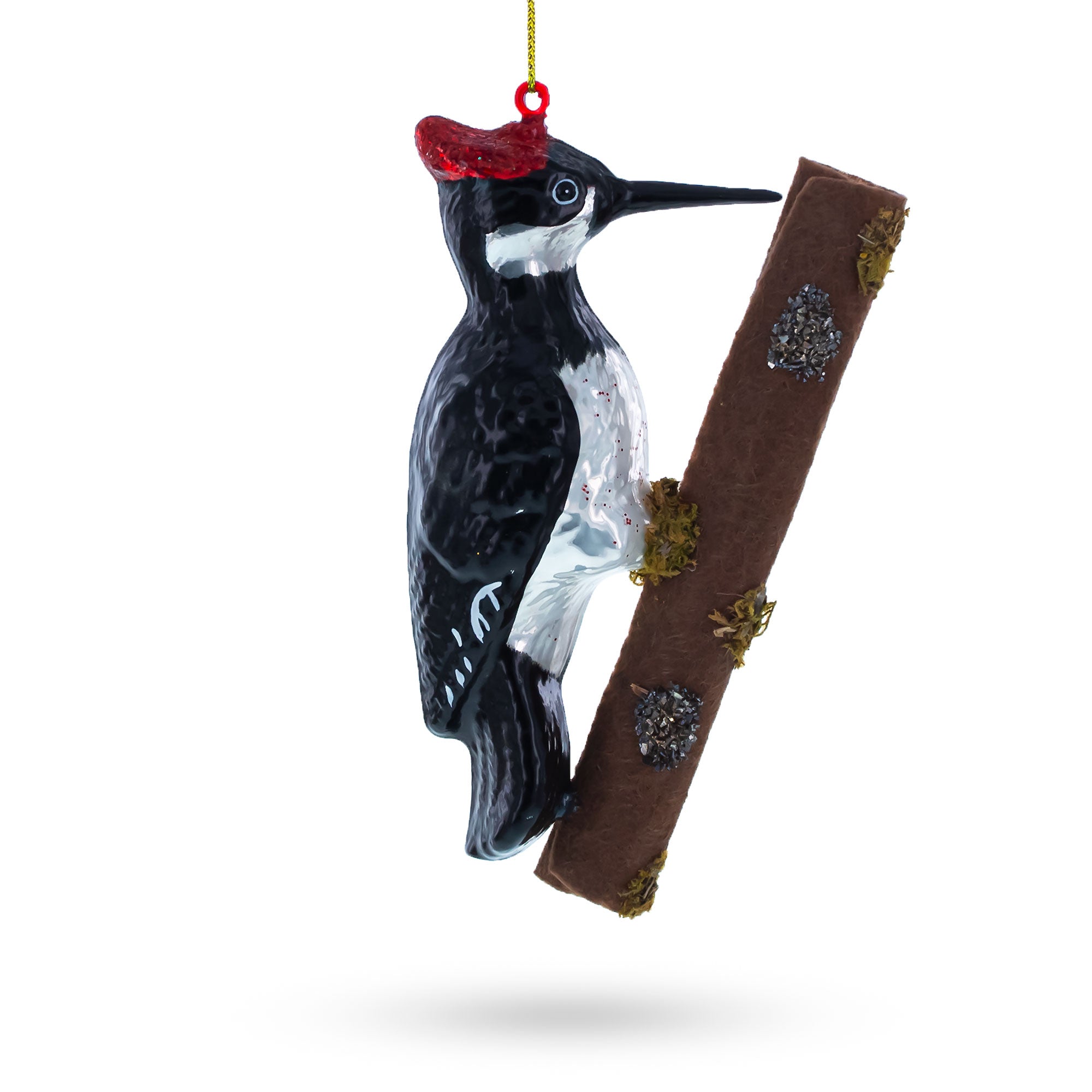 Realistic Woodpecker Perched On A Branch - Blown Glass Christmas Ornament