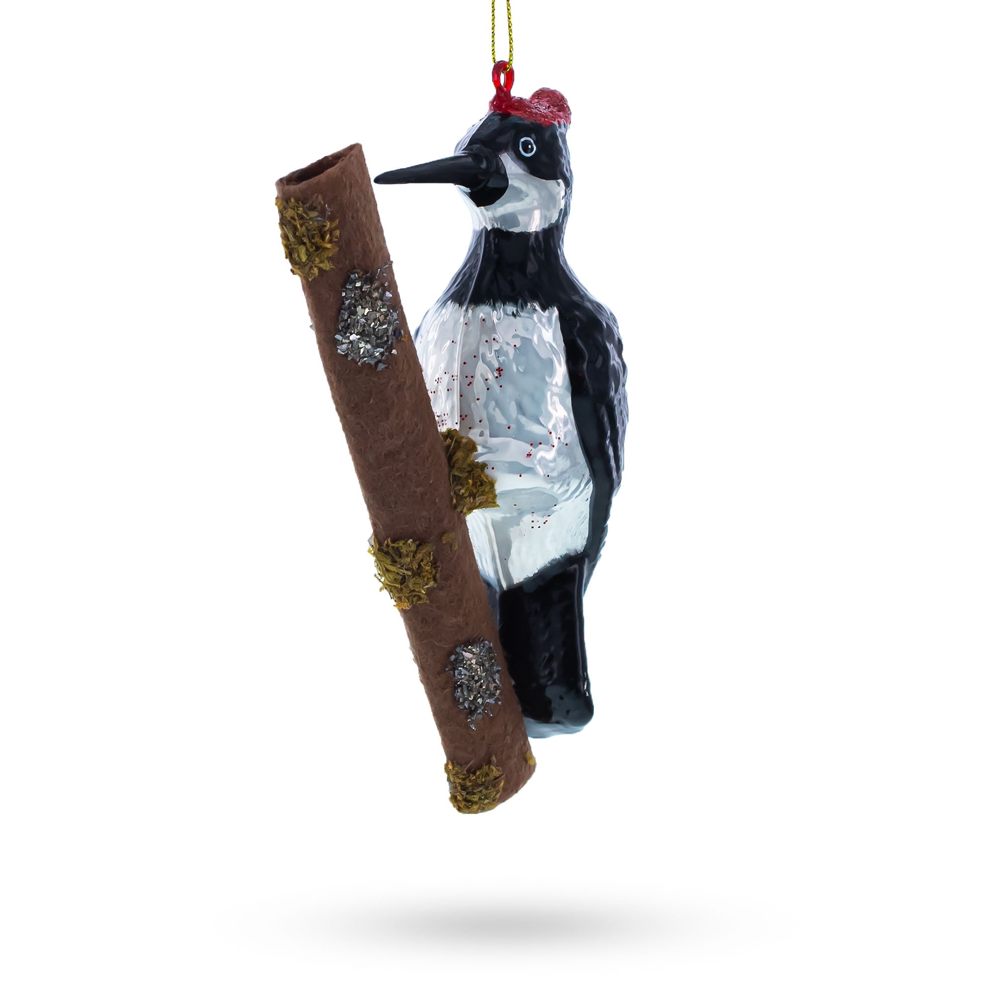 Realistic Woodpecker Perched On A Branch - Blown Glass Christmas Ornament