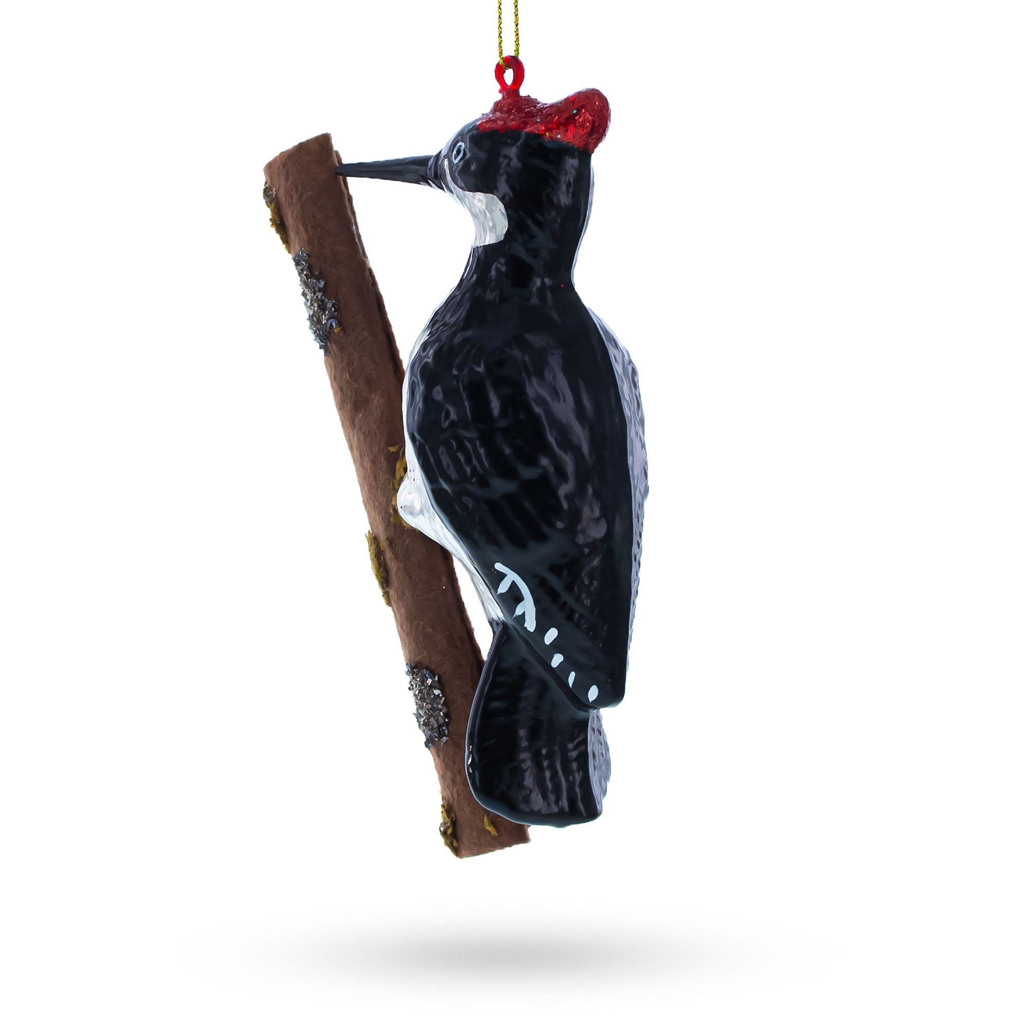 Realistic Woodpecker Perched On A Branch - Blown Glass Christmas Ornament