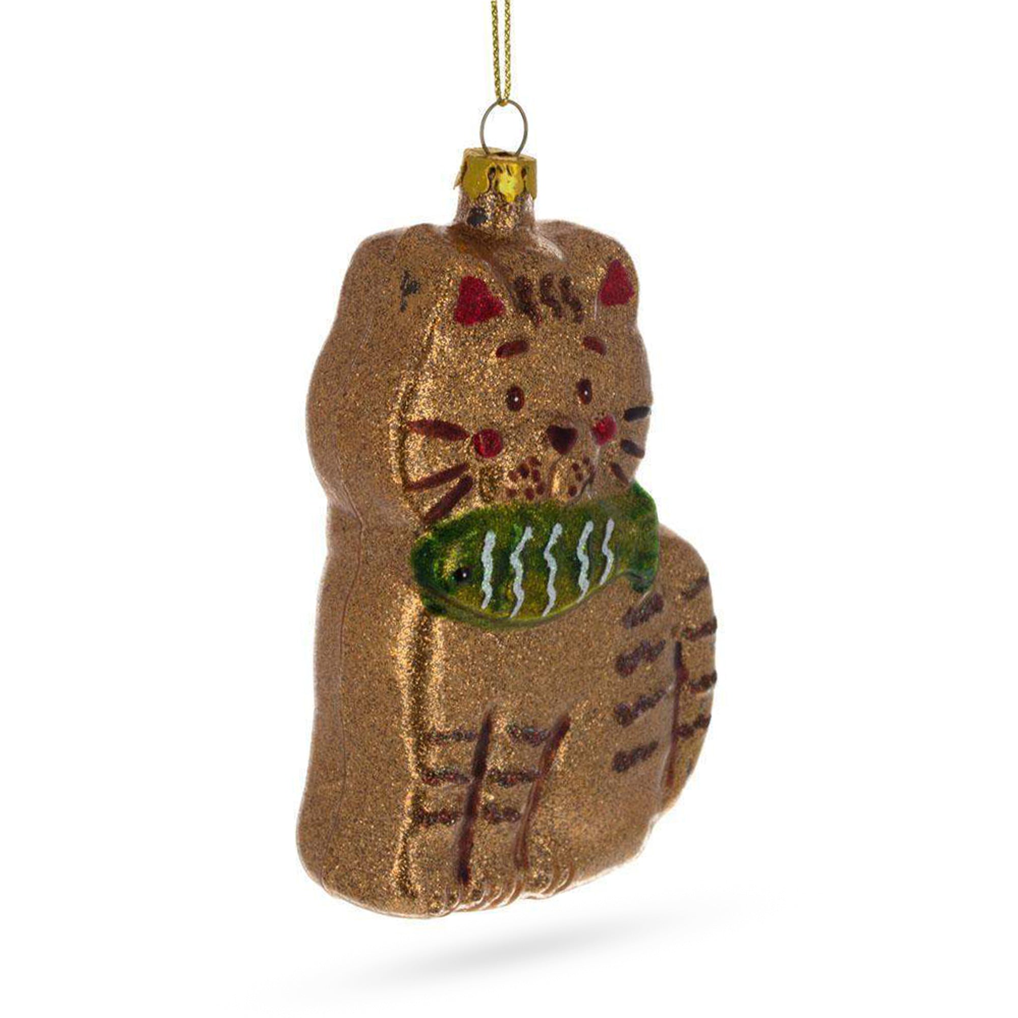 Sparkling Glittered Gingerbread Cat Holding A Fish - Blown Glass Christmas Ornament