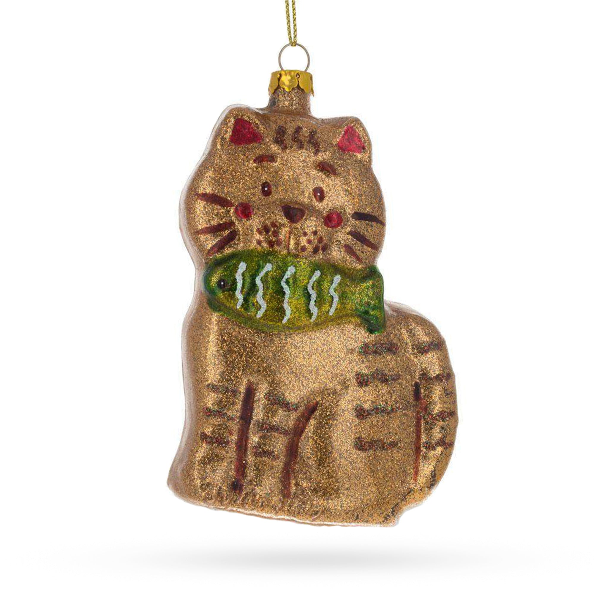 Sparkling Glittered Gingerbread Cat Holding A Fish - Blown Glass Christmas Ornament