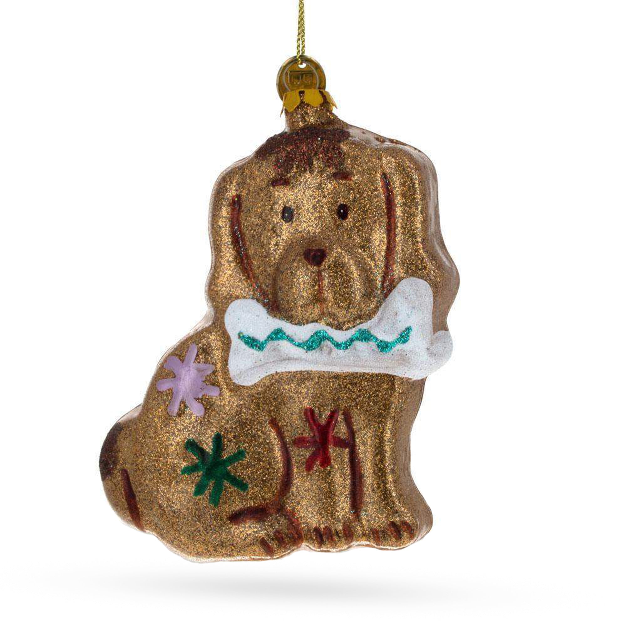 Dazzling Glitter Spaniel Dog Clutching A Bone - Blown Glass Christmas Ornament