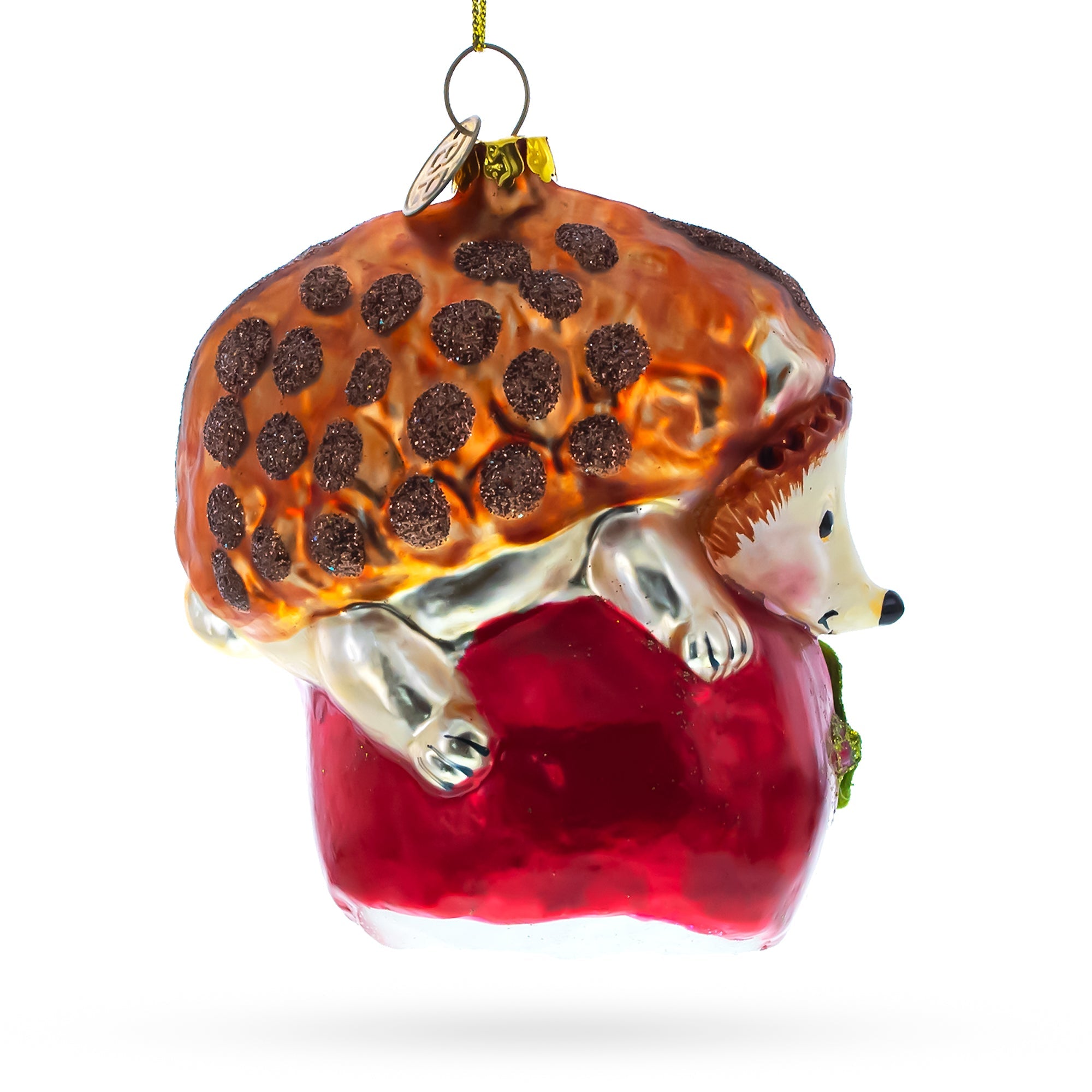 Hedgehog Savoring A Red Apple Blown Glass Christmas Ornament