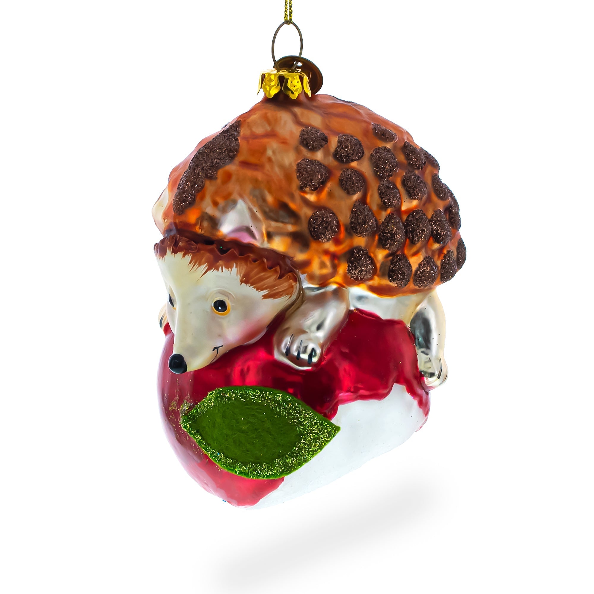 Hedgehog Savoring A Red Apple Blown Glass Christmas Ornament