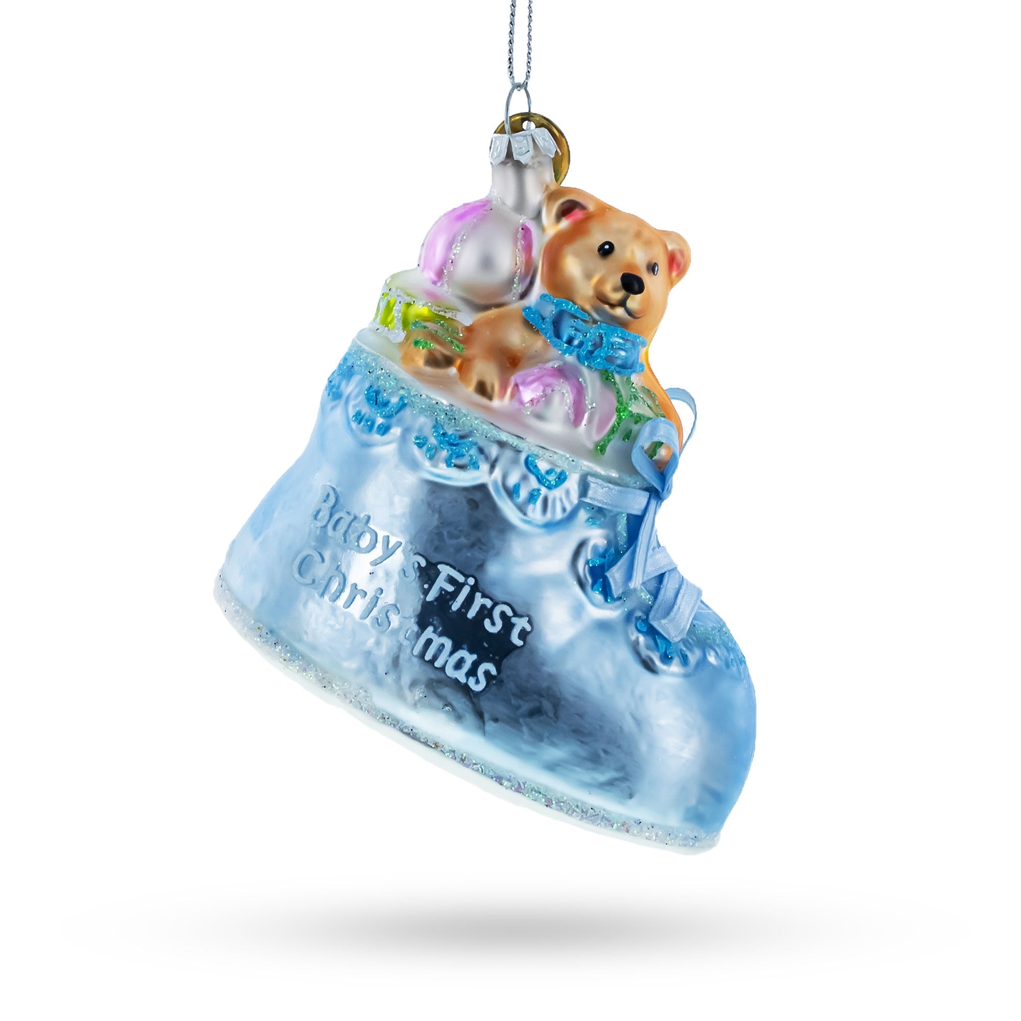 Teddy Bear Nestled In A Blue Shoe For Baby's First - Blown Glass Christmas Ornament