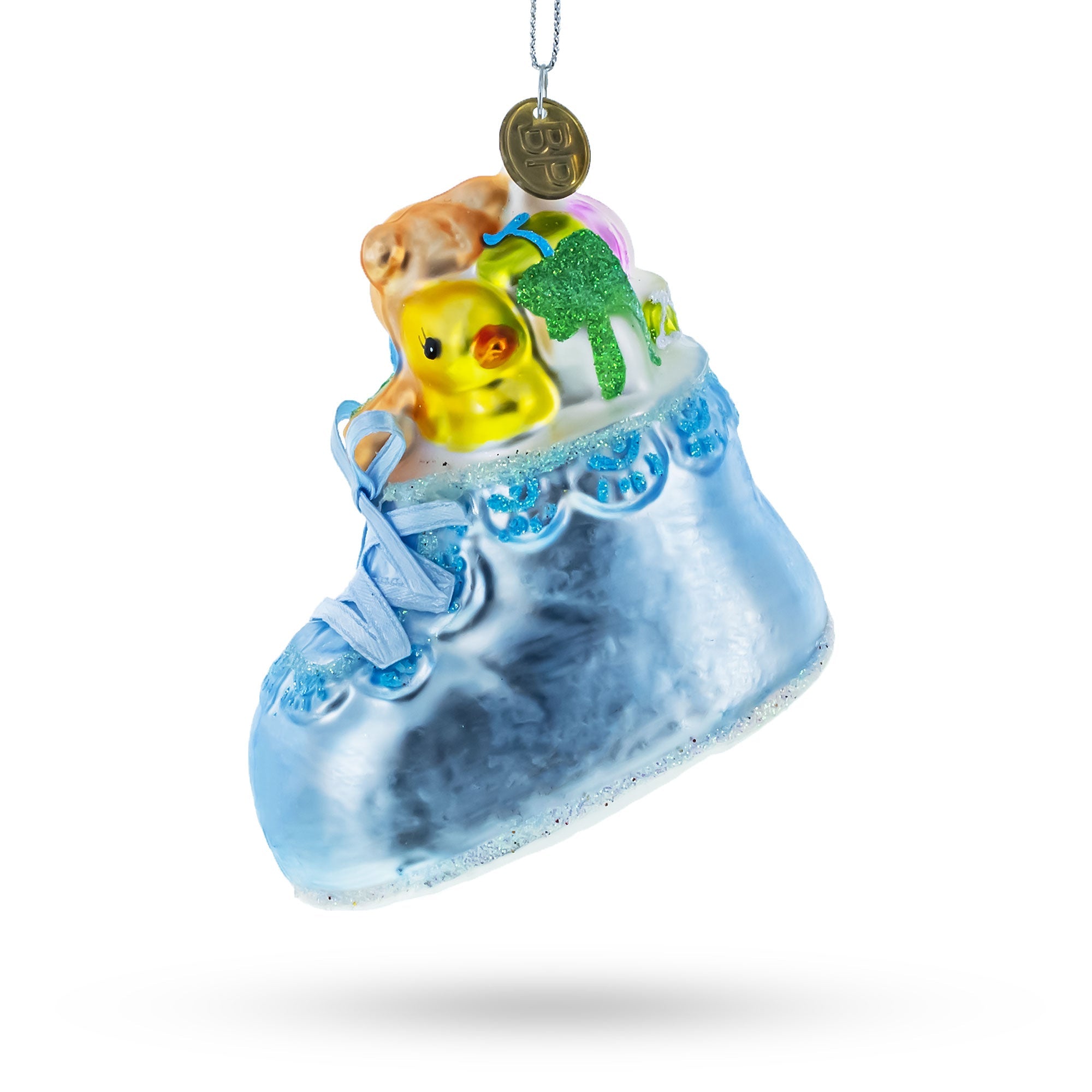 Teddy Bear Nestled In A Blue Shoe For Baby's First - Blown Glass Christmas Ornament