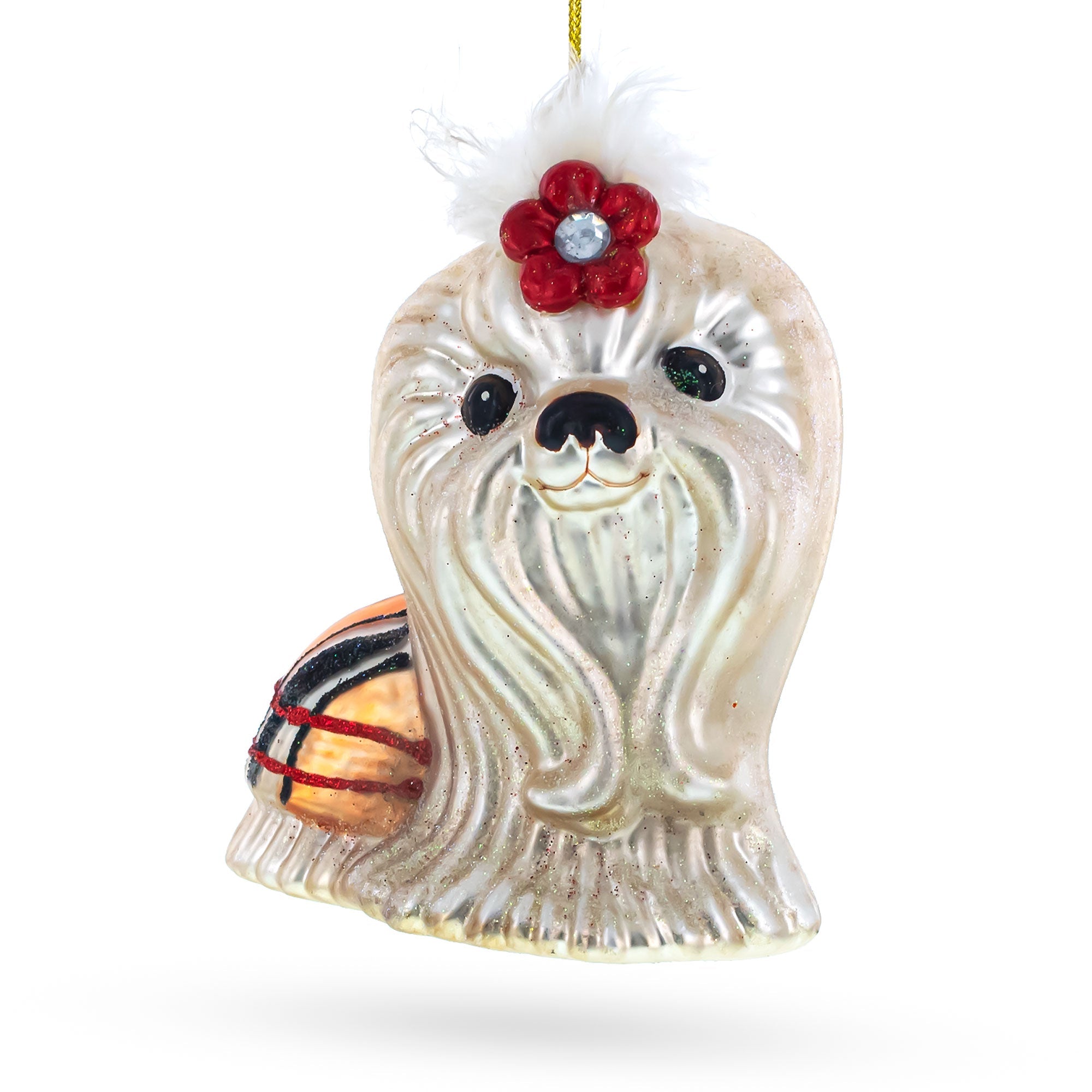 Charming Shih Tzu Chrysanthemum Dog - Blown Glass Christmas Ornament