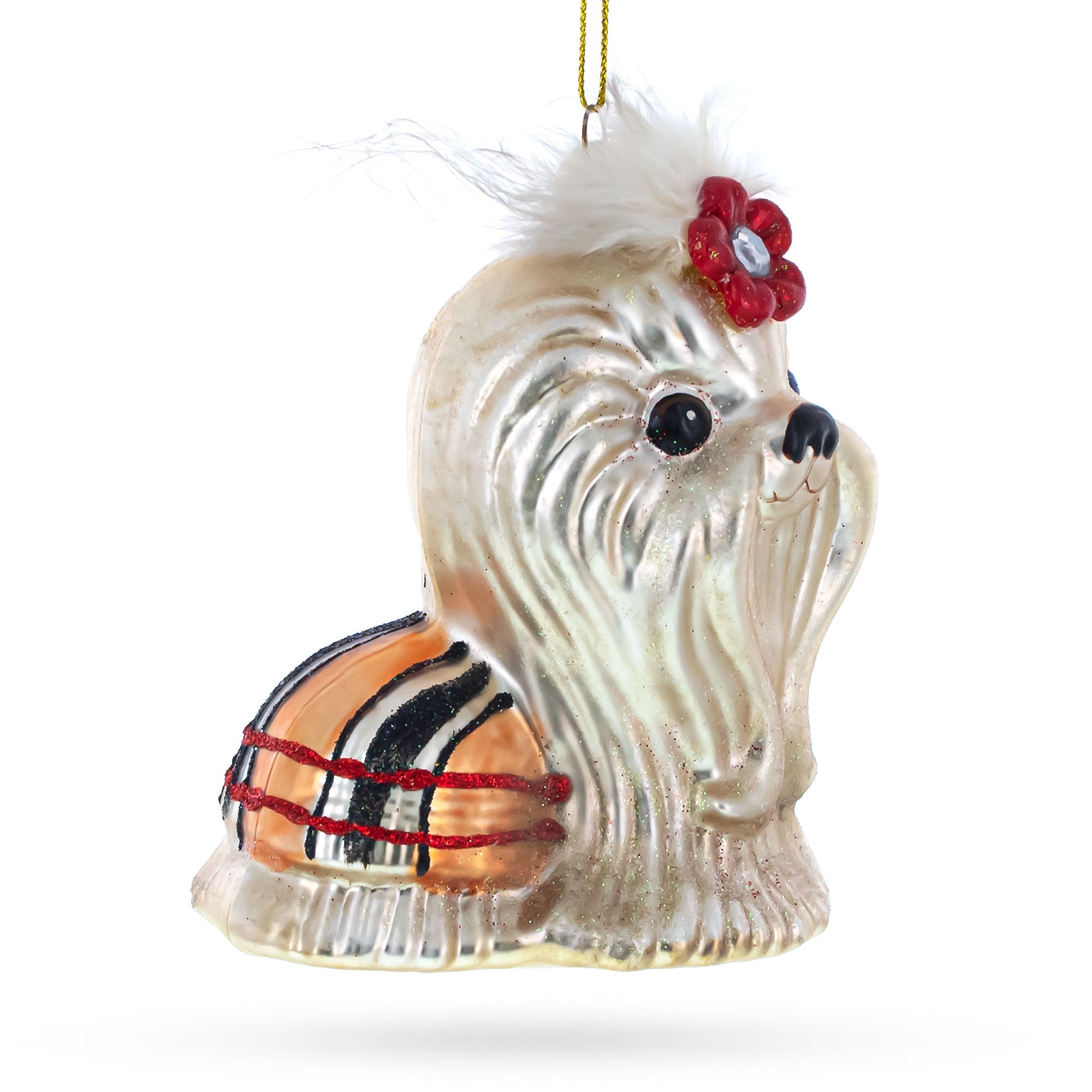 Charming Shih Tzu Chrysanthemum Dog - Blown Glass Christmas Ornament