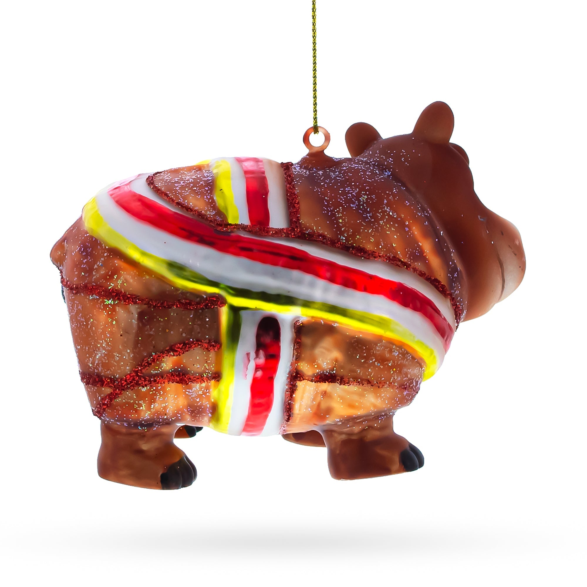 Playful Hippo With Gift - Blown Glass Christmas Ornament