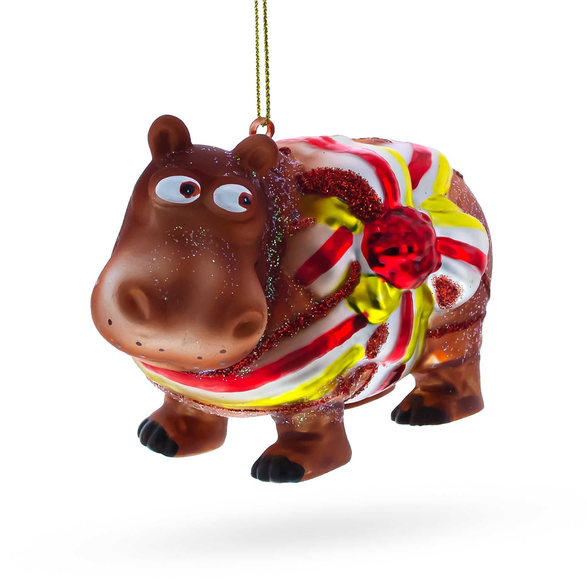 Playful Hippo With Gift - Blown Glass Christmas Ornament