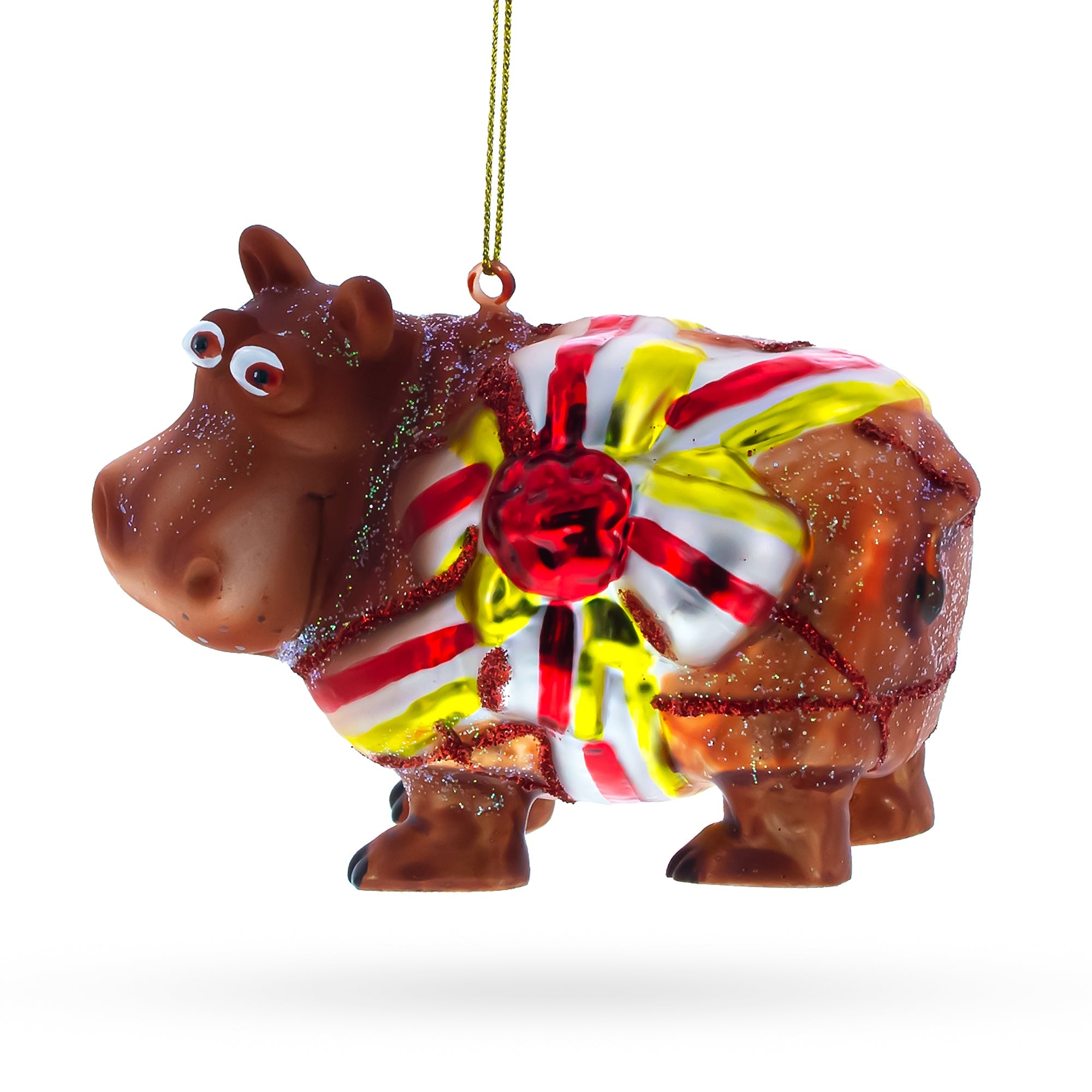 Playful Hippo With Gift - Blown Glass Christmas Ornament