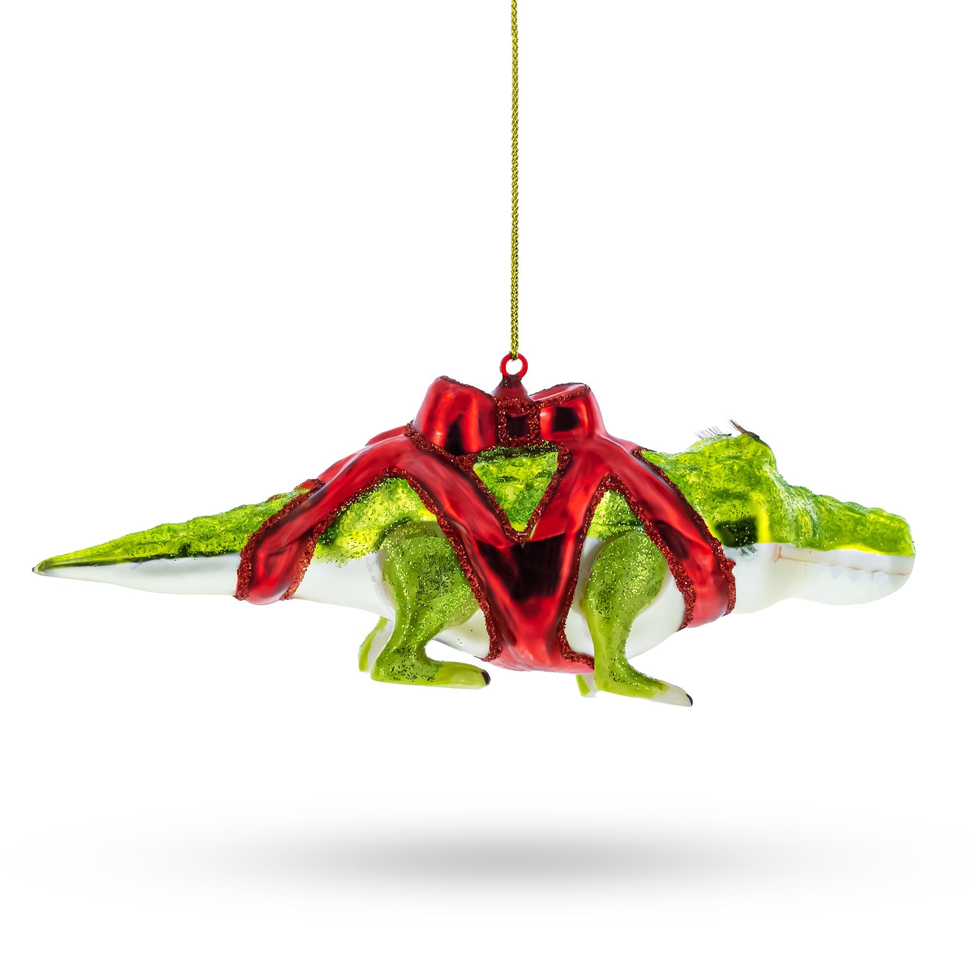 Alligator Adorned With Gift Ribbon - Blown Glass Christmas Ornament