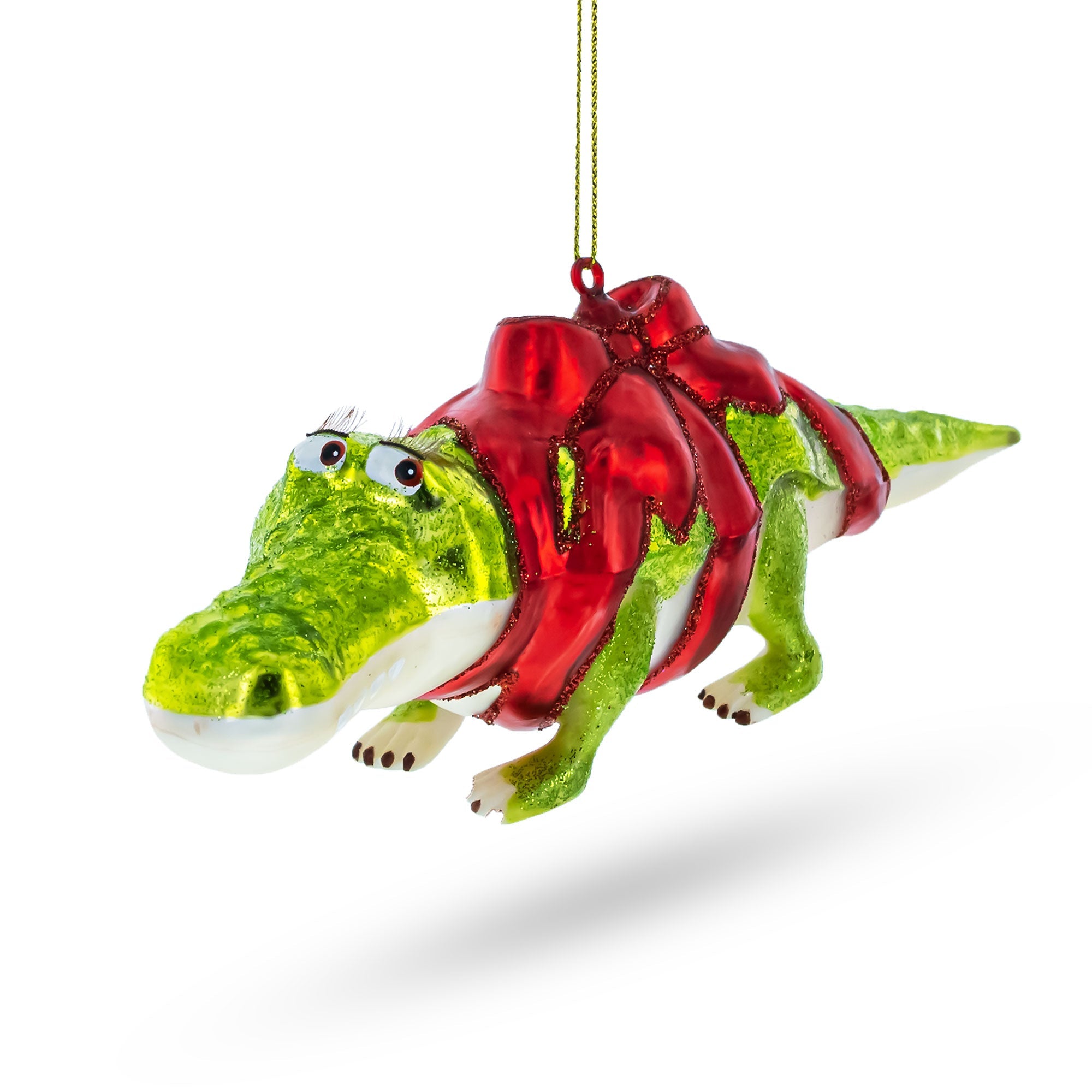 Alligator Adorned With Gift Ribbon - Blown Glass Christmas Ornament