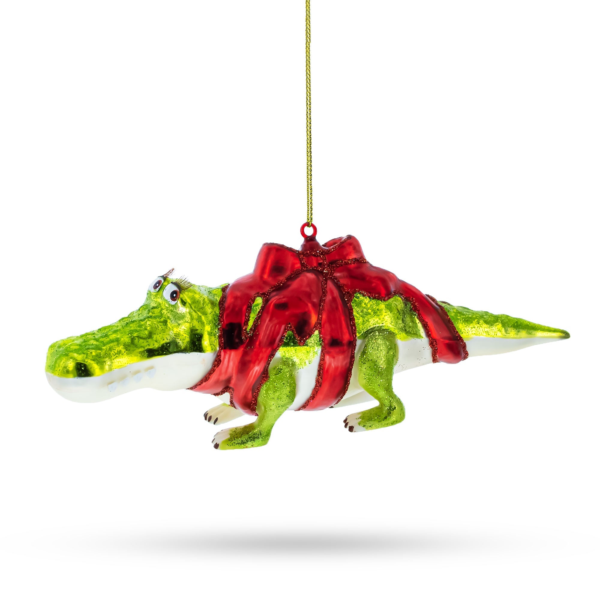 Alligator Adorned With Gift Ribbon - Blown Glass Christmas Ornament