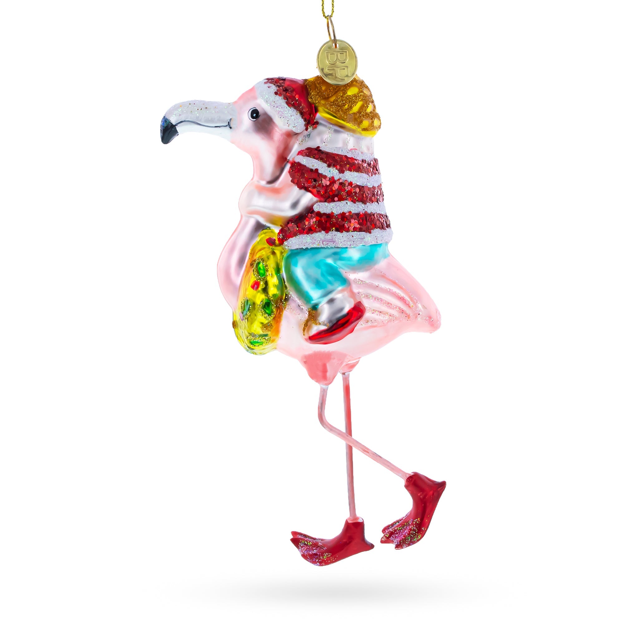 Santa Riding A Pink Flamingo - Blown Glass Christmas Ornament