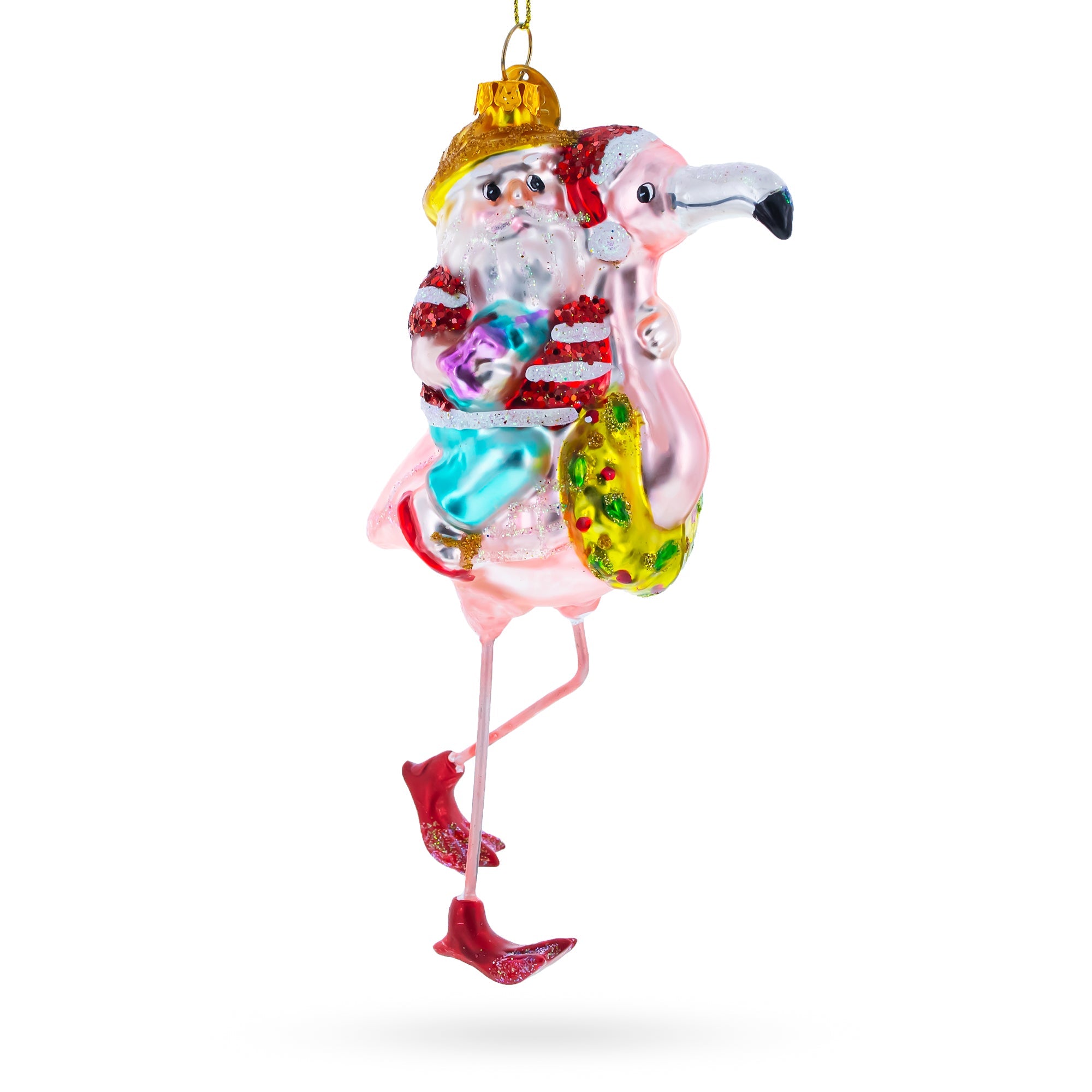 Santa Riding A Pink Flamingo - Blown Glass Christmas Ornament