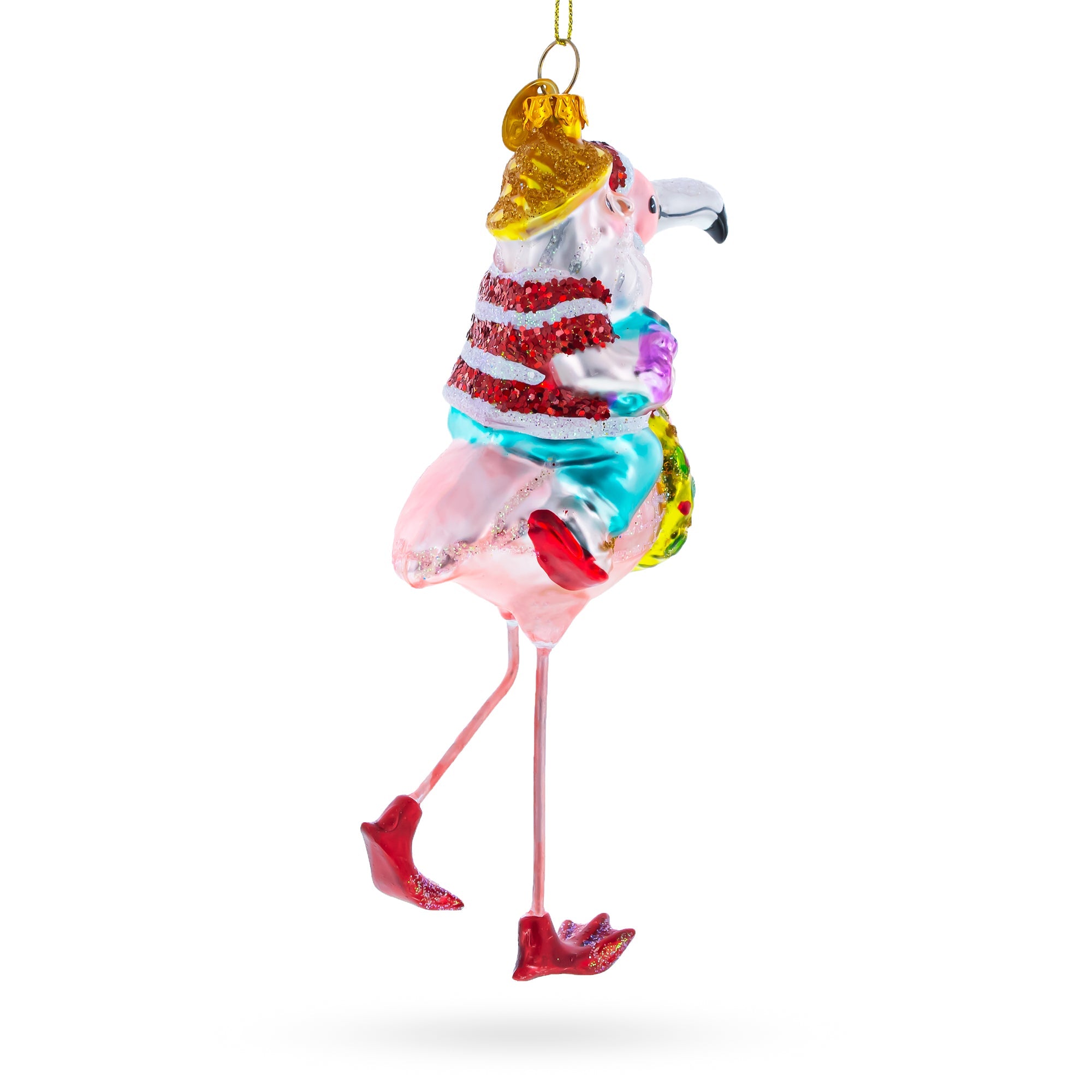 Santa Riding A Pink Flamingo - Blown Glass Christmas Ornament