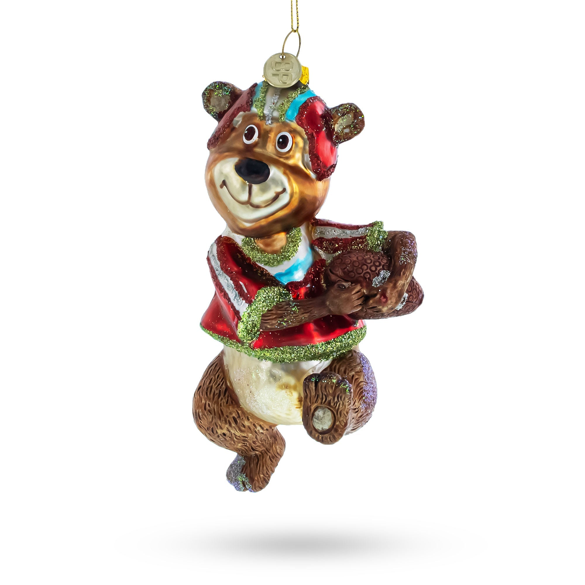 Athletic Bear Engaged In Football - Blown Glass Christmas Ornament