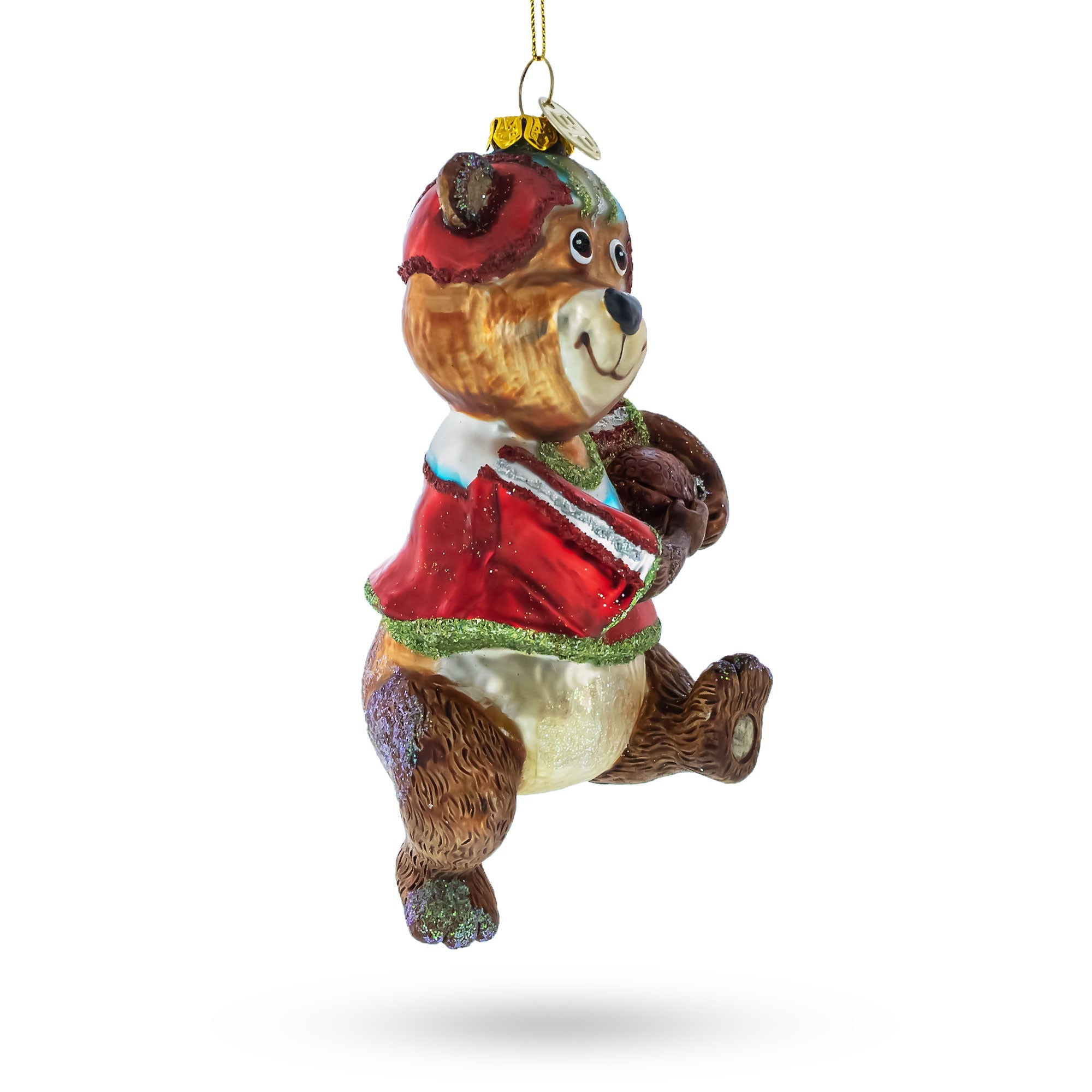 Athletic Bear Engaged In Football - Blown Glass Christmas Ornament