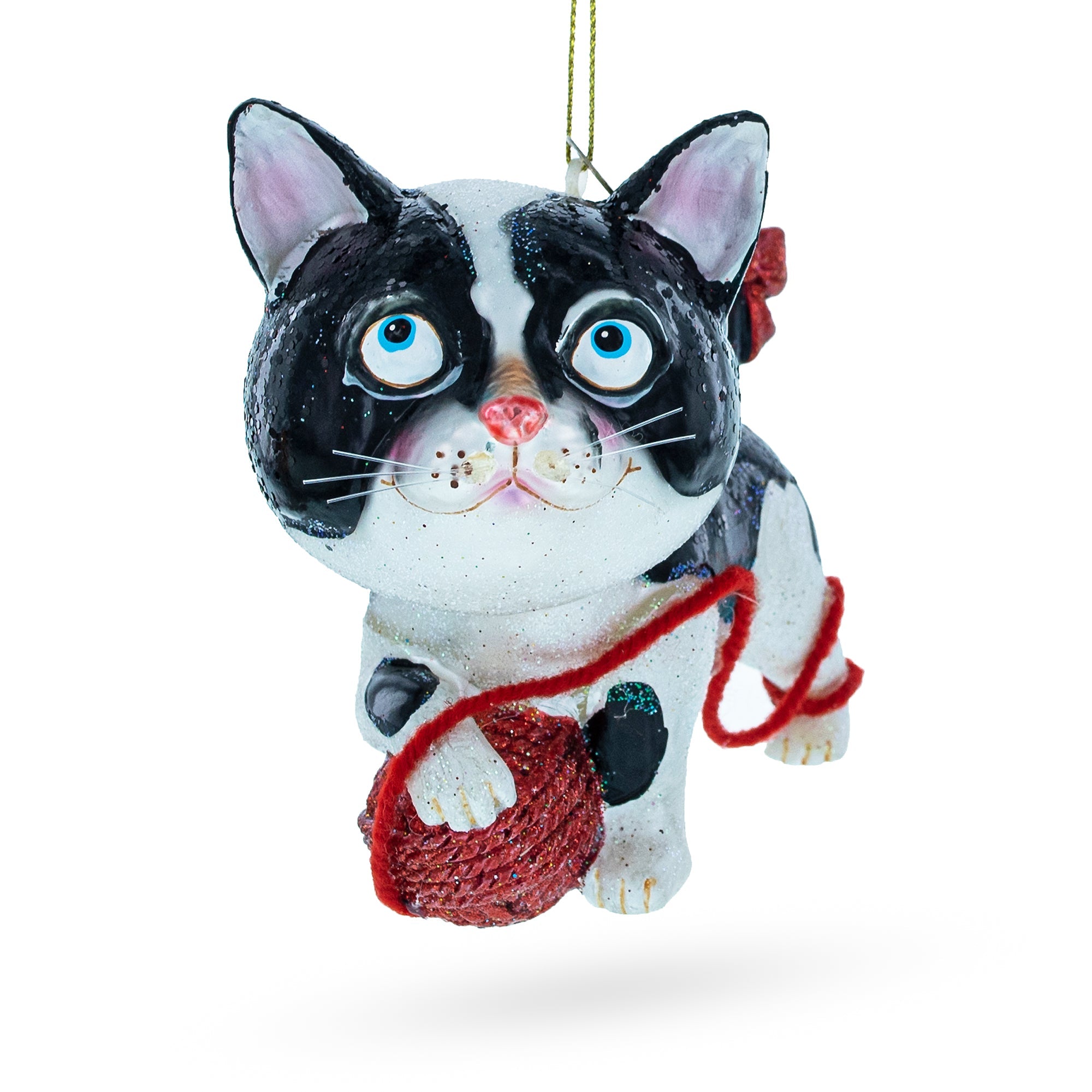 Playful Cat Entangled With Yarn Ball - Blown Glass Christmas Ornament