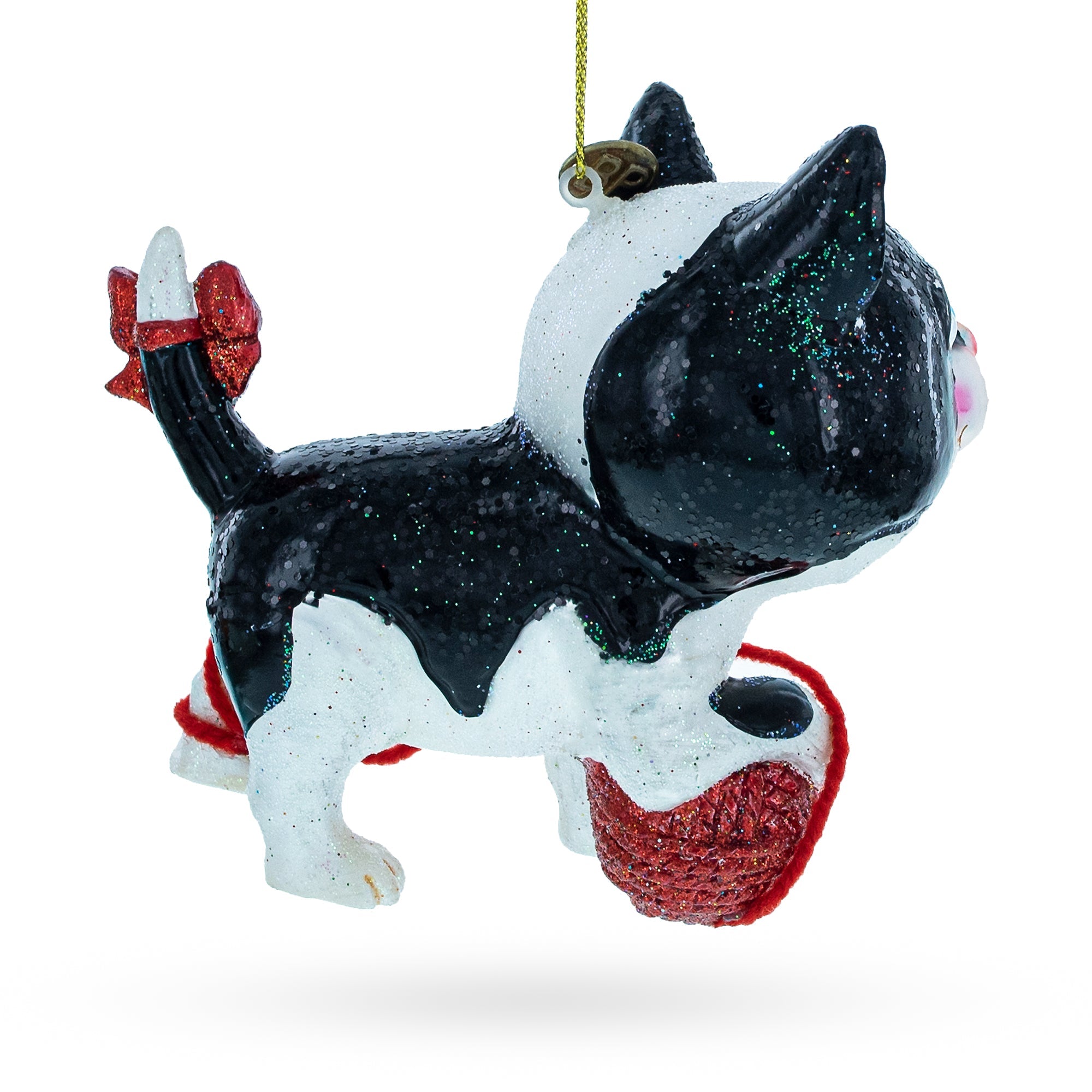 Playful Cat Entangled With Yarn Ball - Blown Glass Christmas Ornament