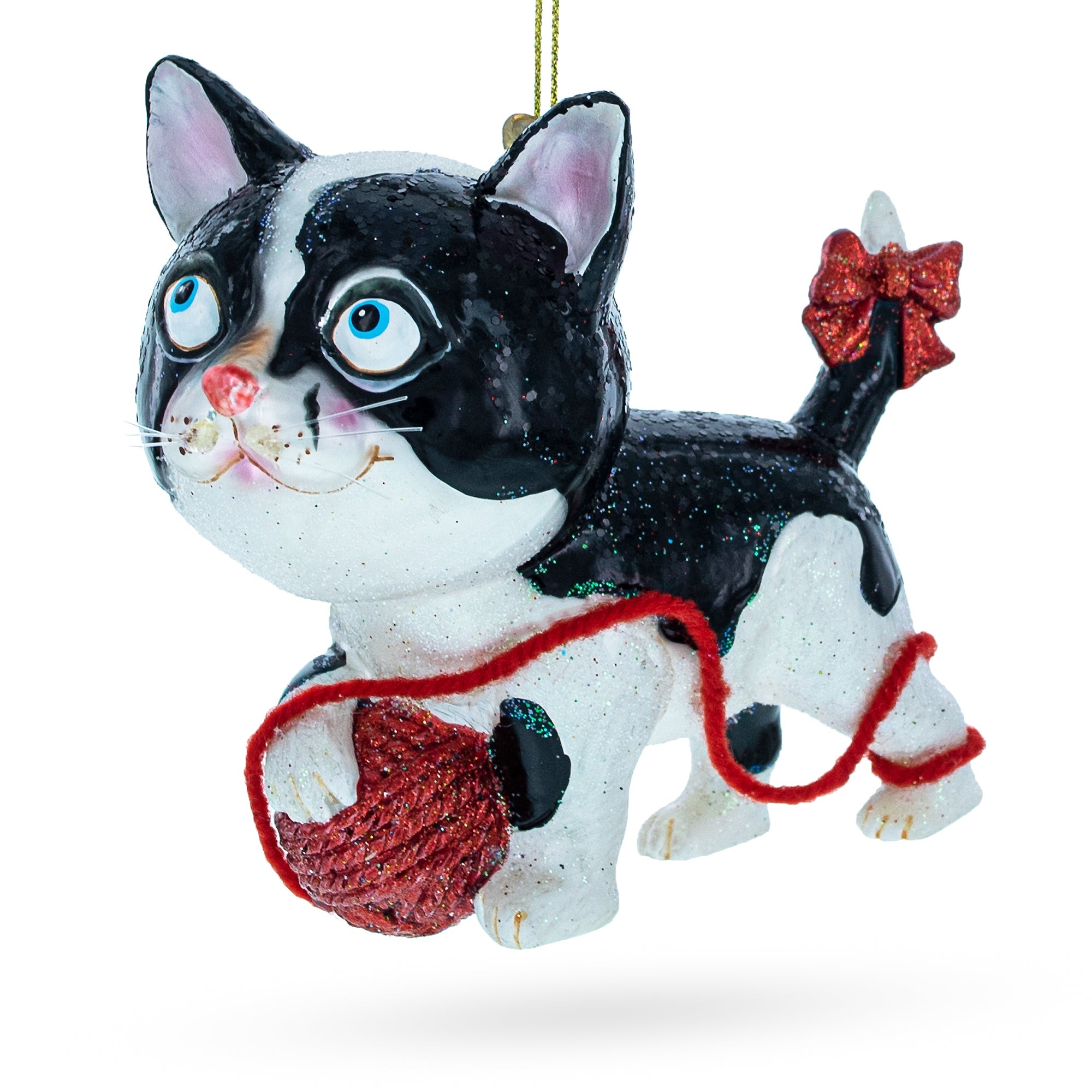 Playful Cat Entangled With Yarn Ball - Blown Glass Christmas Ornament