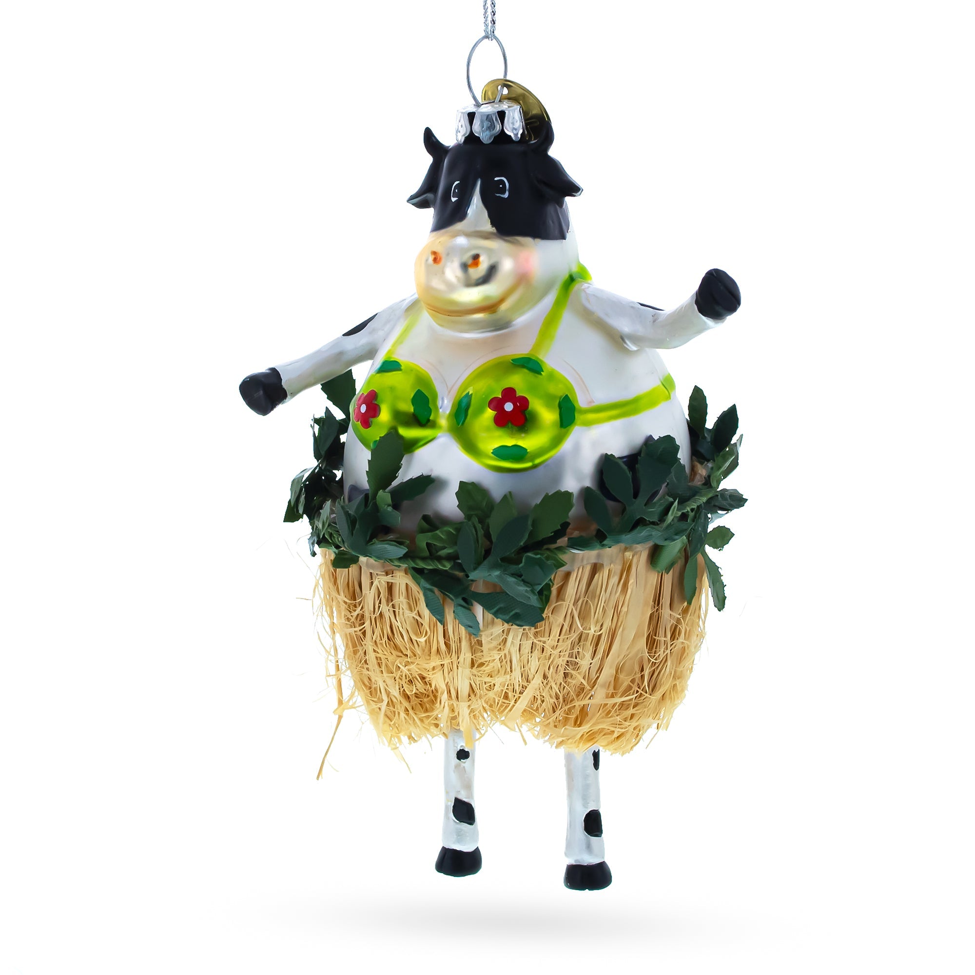 Exuberant Cow Dancing In A Bra - Blown Glass Christmas Ornament