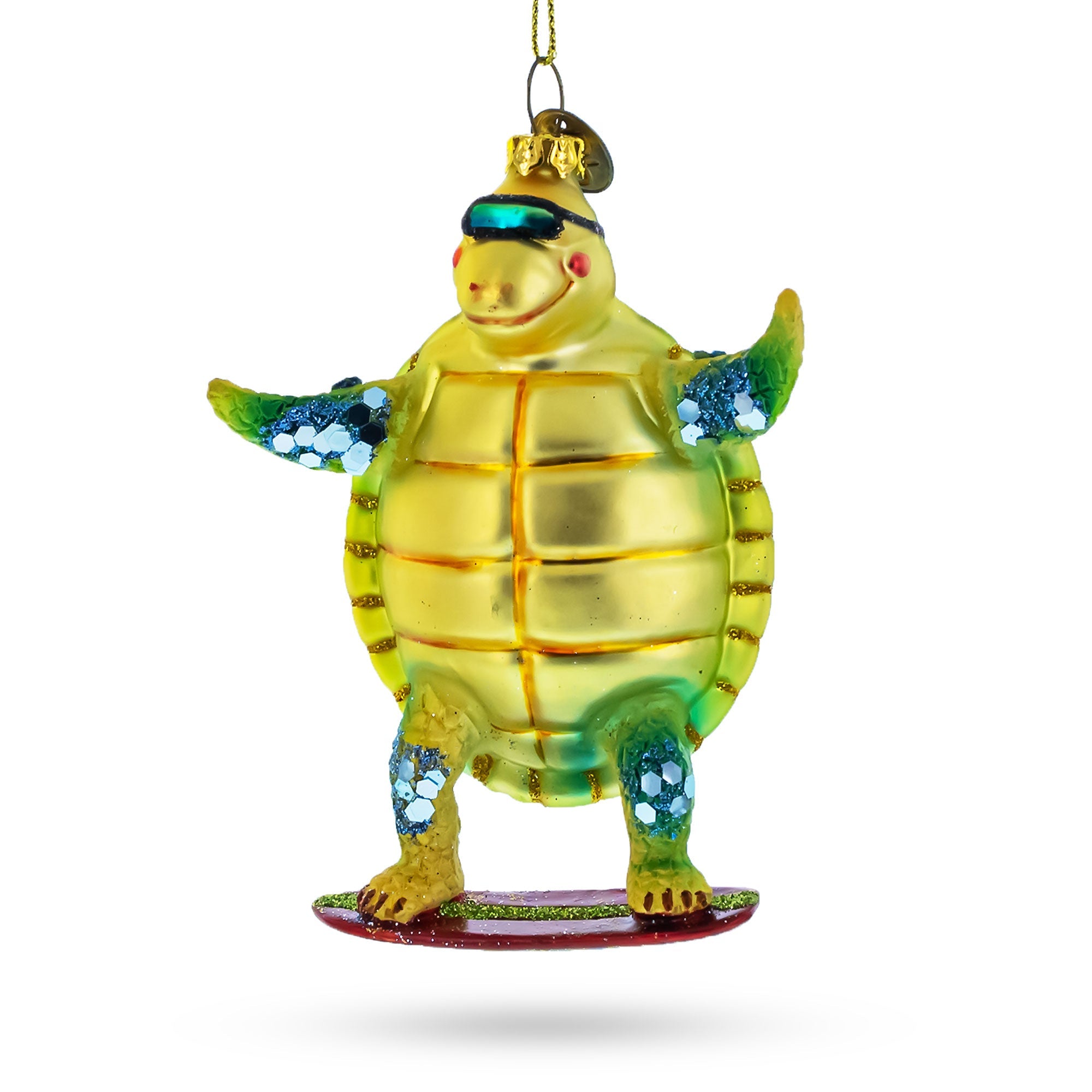 Cool Turtle Surfing - Blown Glass Christmas Ornament