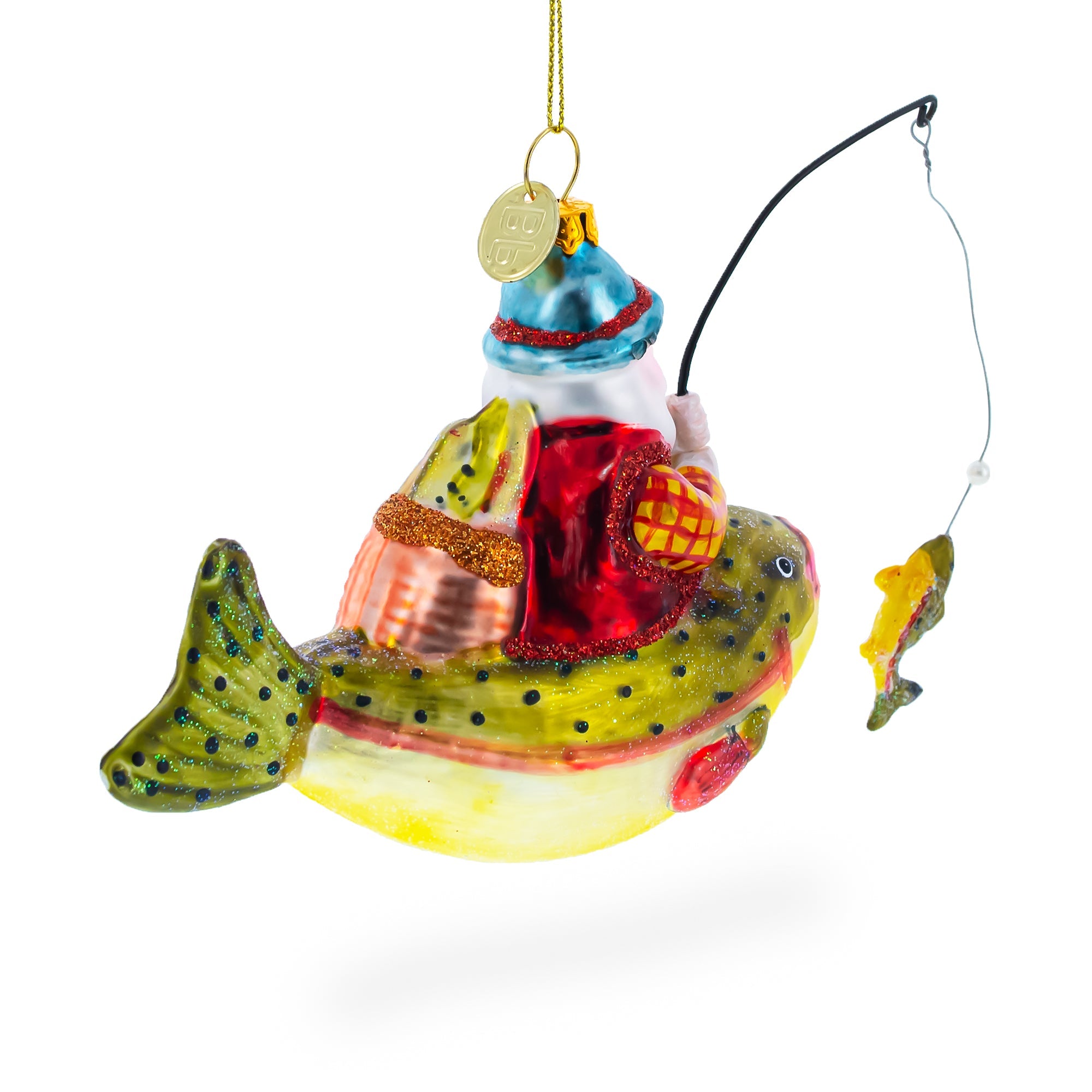 Whimsical Santa Fishing On Boat - Blown Glass Christmas Ornament