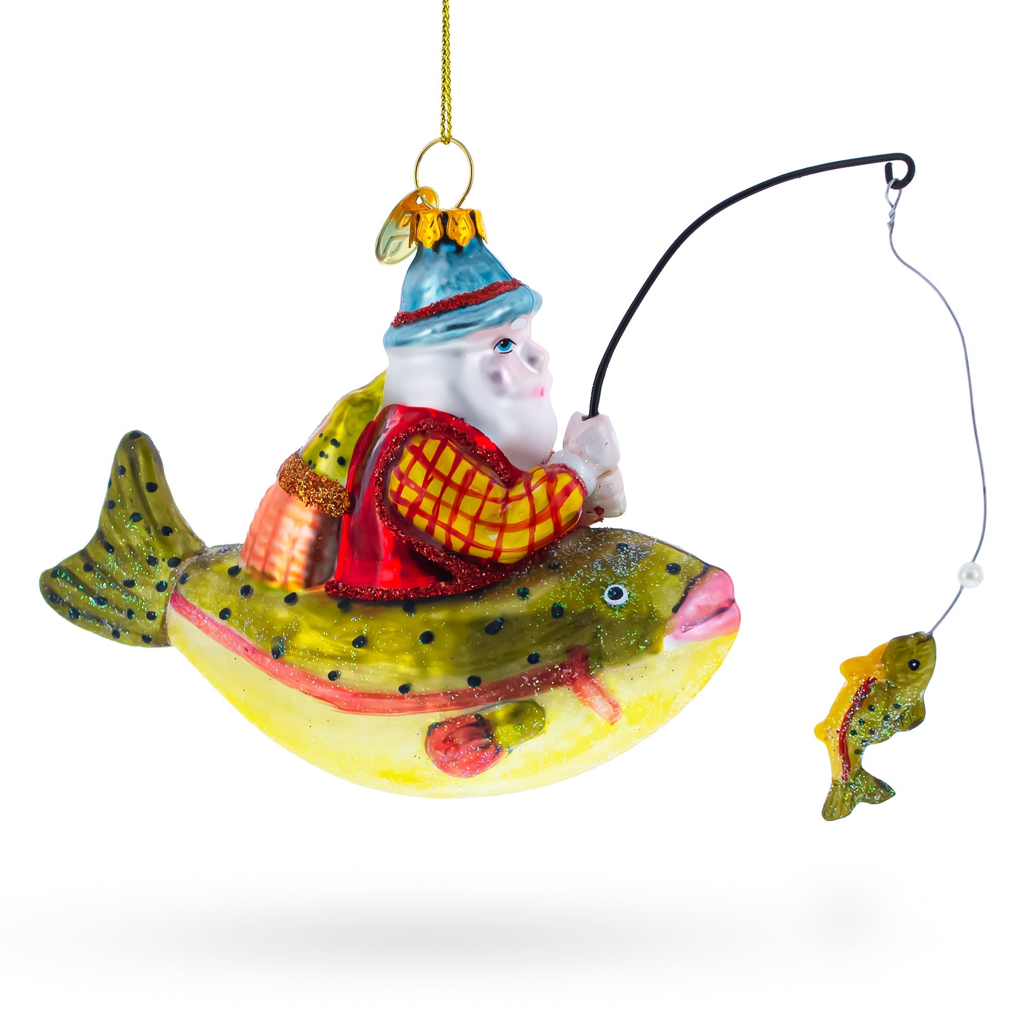 Whimsical Santa Fishing On Boat - Blown Glass Christmas Ornament