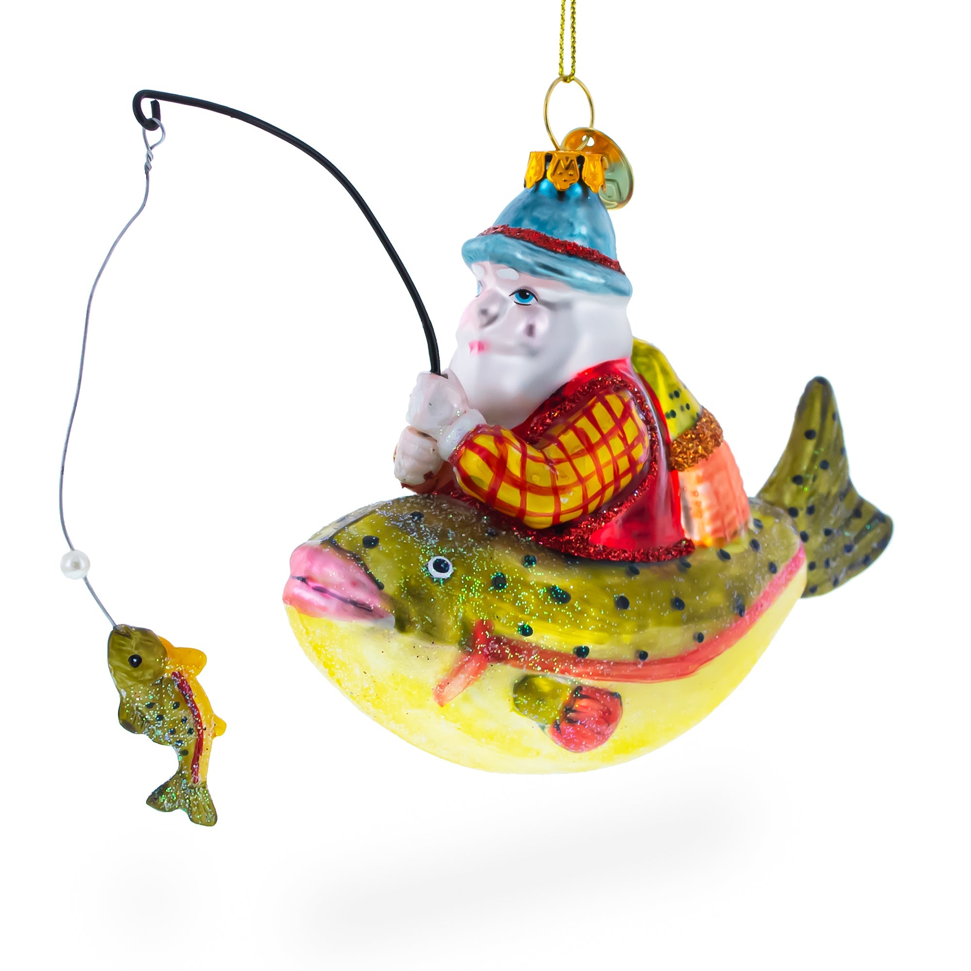 Whimsical Santa Fishing On Boat - Blown Glass Christmas Ornament