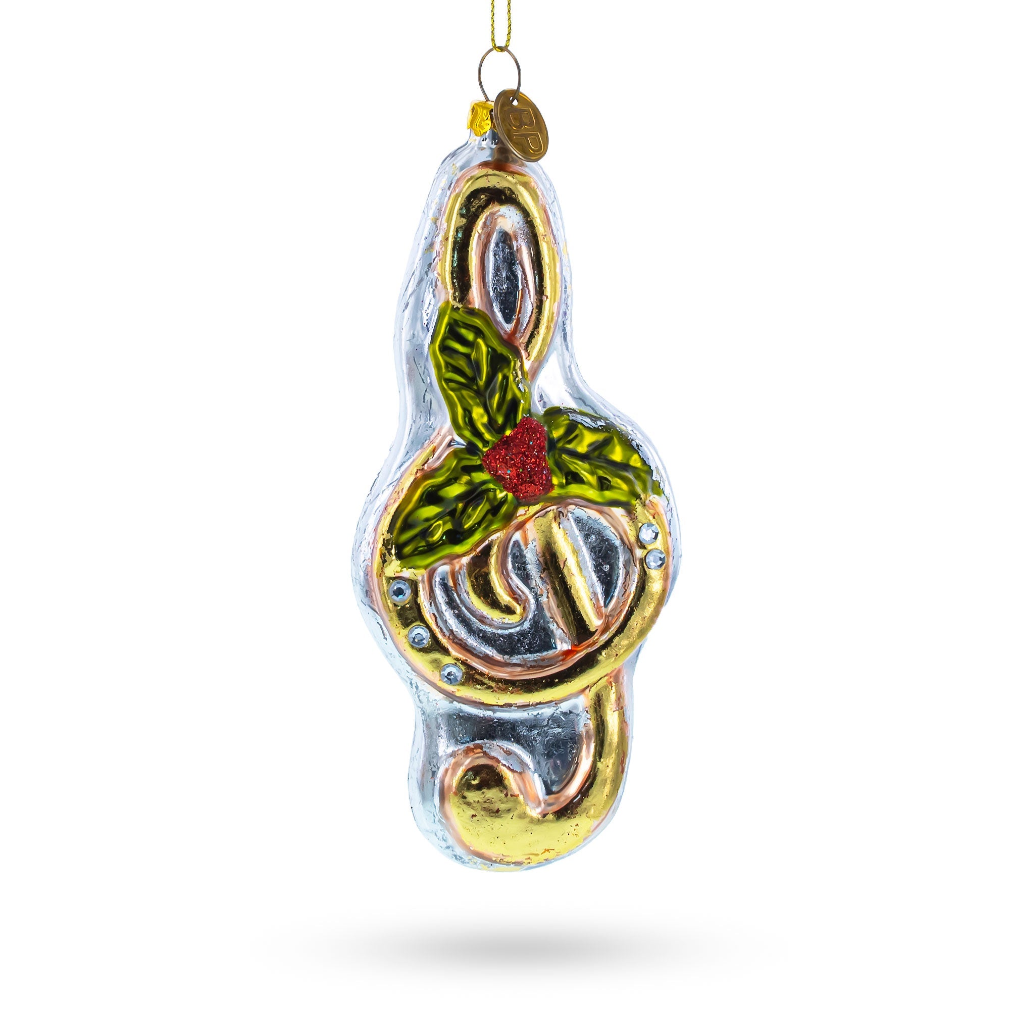 Melodic Musical Note With Poinsettia - Blown Glass Christmas Ornament