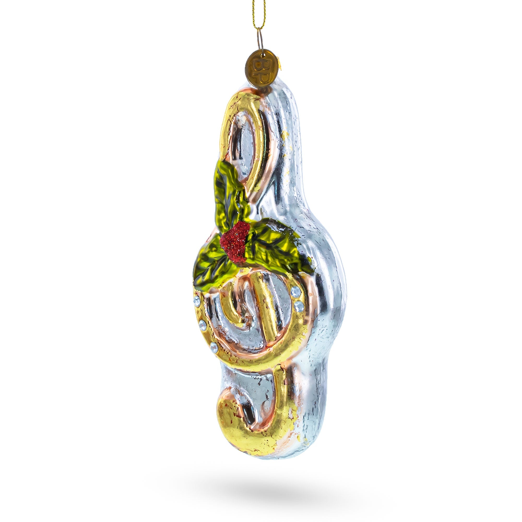 Melodic Musical Note With Poinsettia - Blown Glass Christmas Ornament