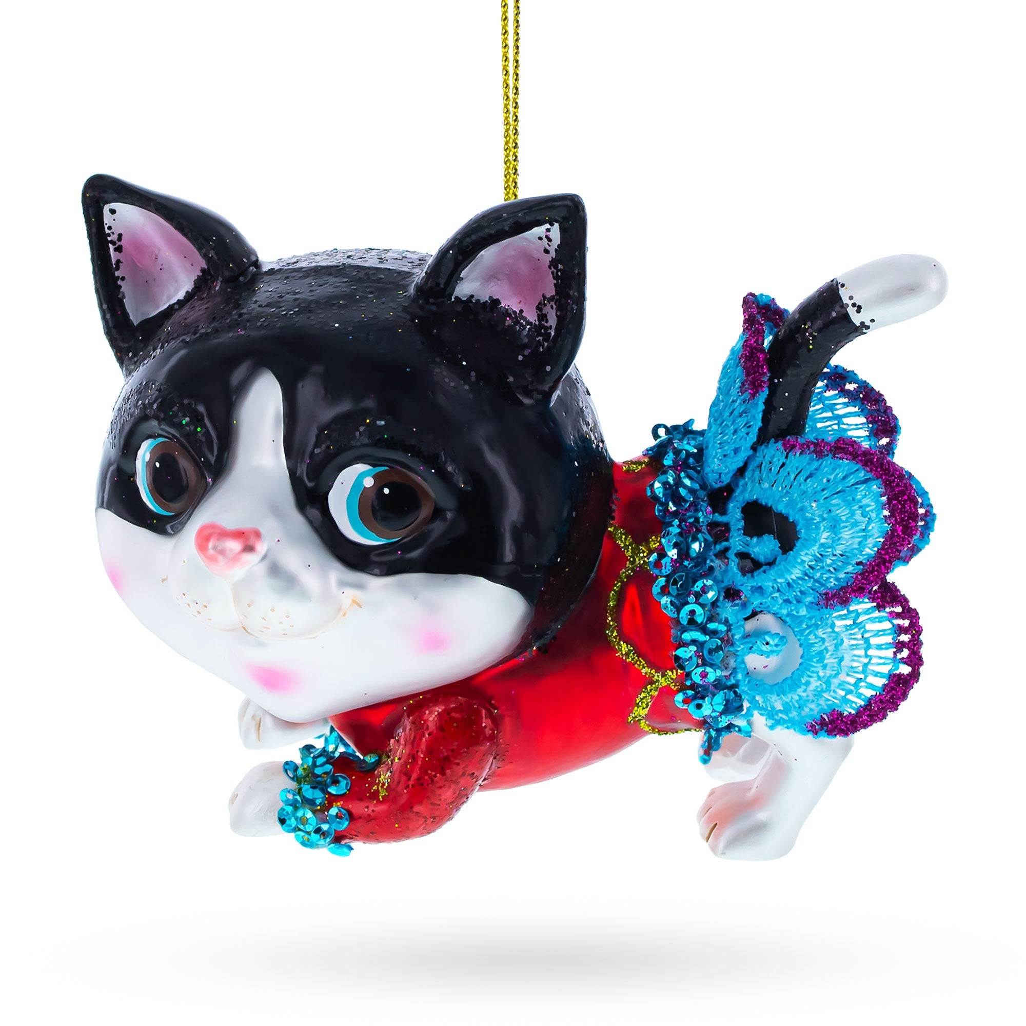 Black Cat Wearing A Dress - Blown Glass Christmas Ornament