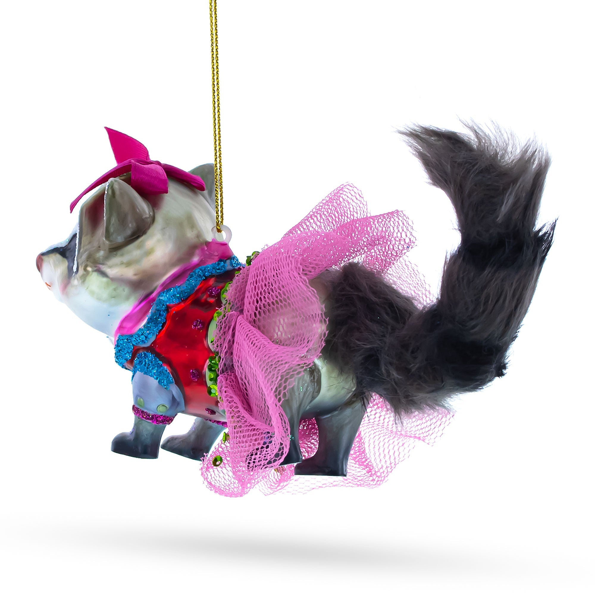 Quirky Raccoon In Dress - Blown Glass Christmas Ornament