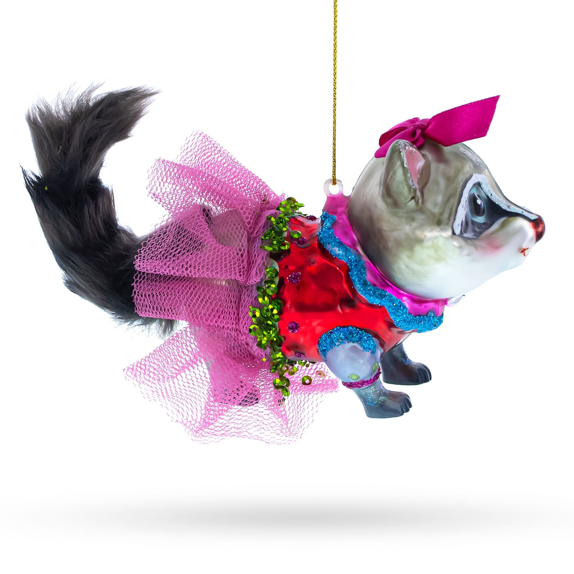 Quirky Raccoon In Dress - Blown Glass Christmas Ornament