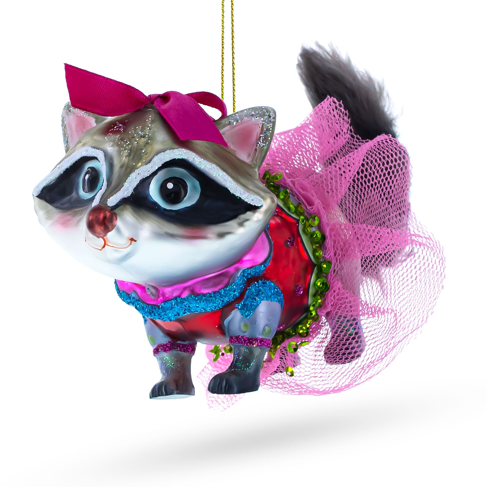 Quirky Raccoon In Dress - Blown Glass Christmas Ornament